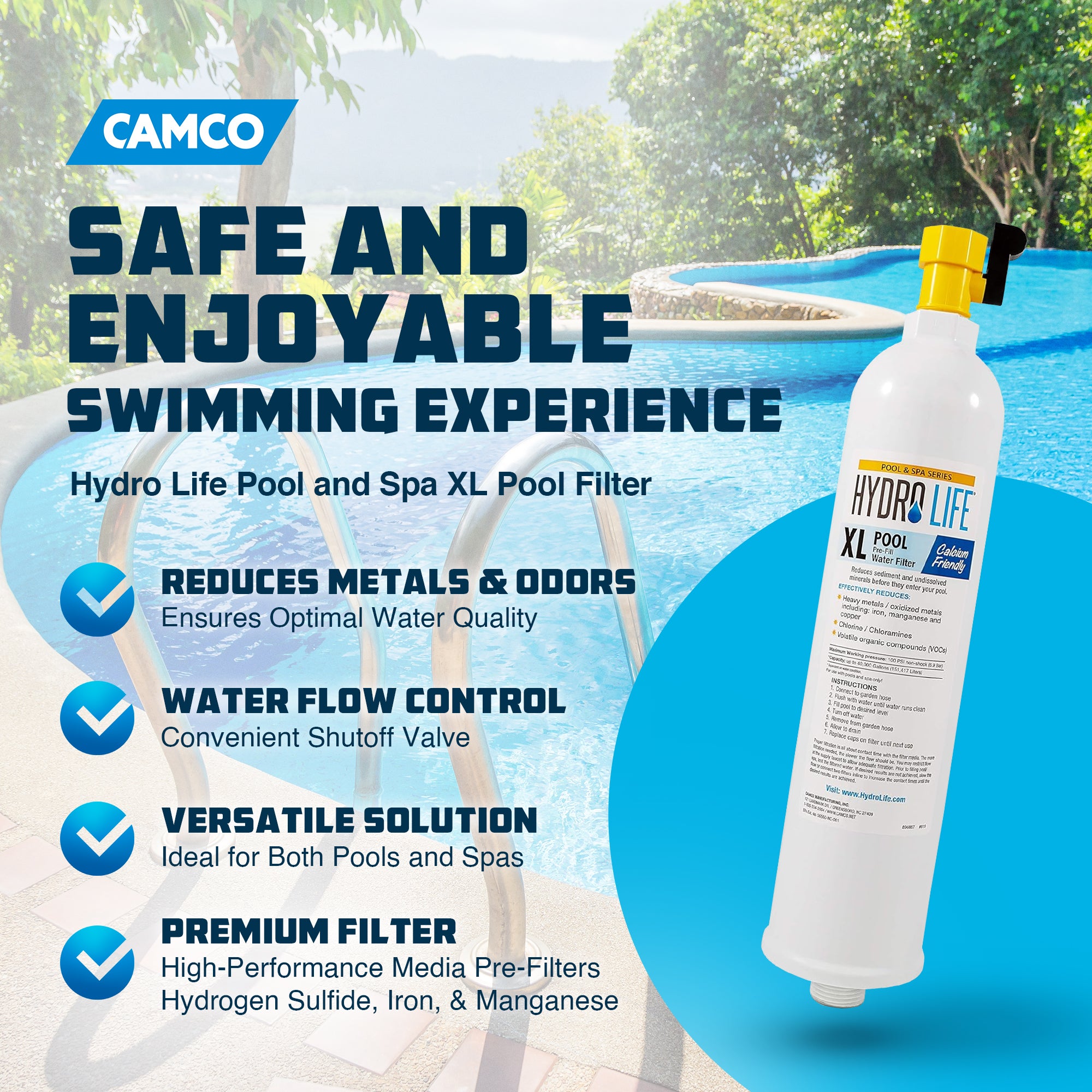 Camco Hydro Life Pool and Spa Filter with Shutoff Valve and Pre Filters Stain - VMInnovations