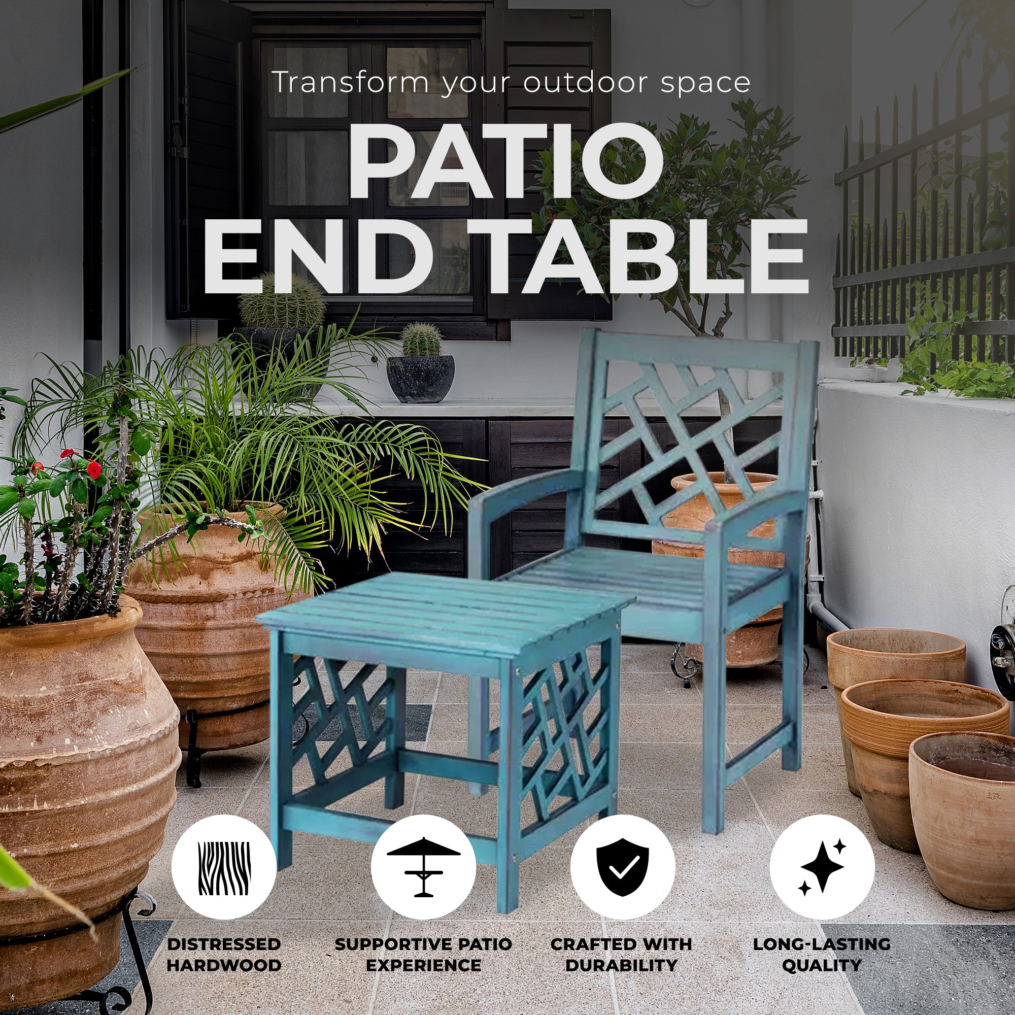 Four Seasons Courtyard 18 Inch Distressed Hardwood Portland Patio End Table - VMInnovations