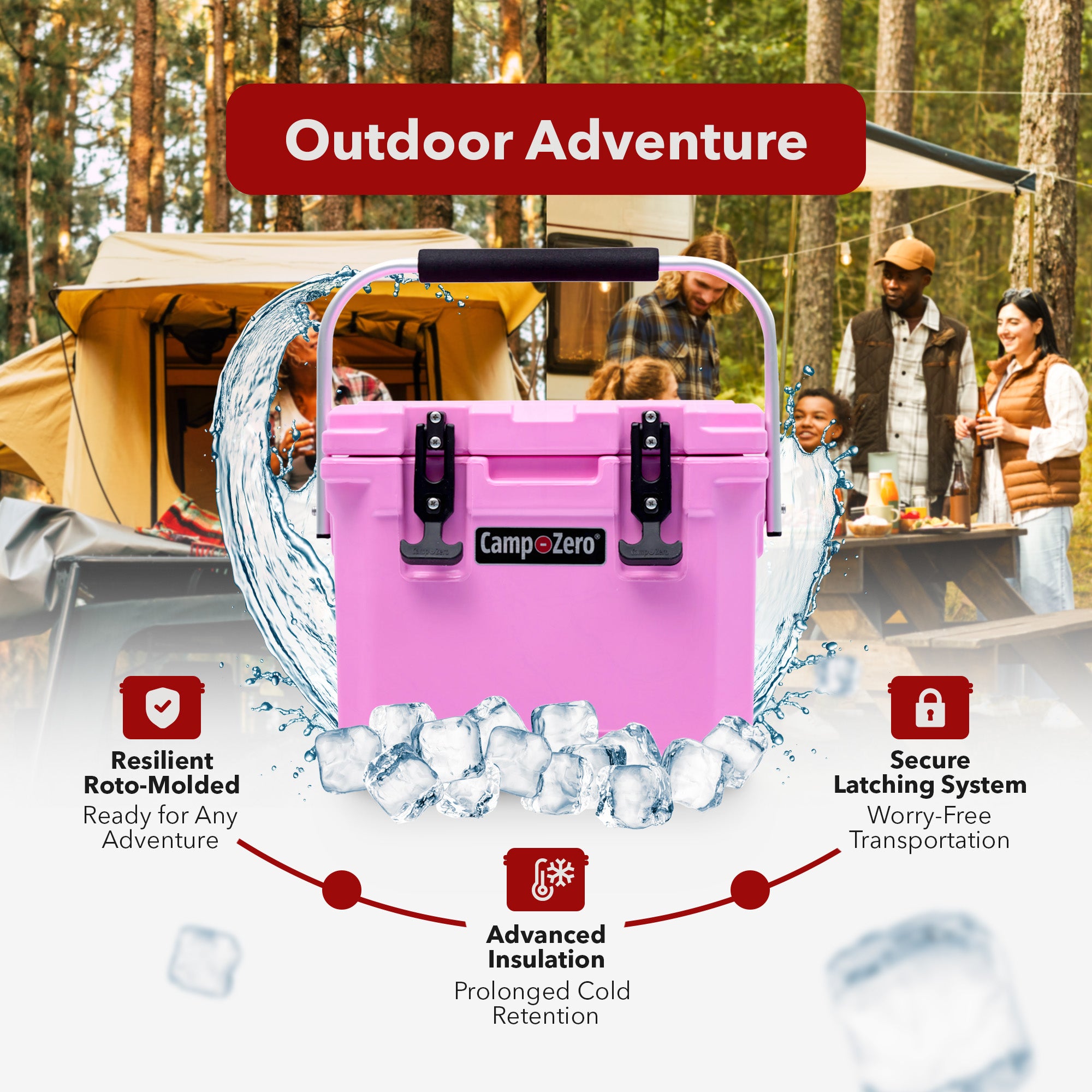 CAMP-ZERO 10L 10.6 Qt Lidded Cooler with 2 Molded In Cup Holders, Pink (Used) - VMInnovations