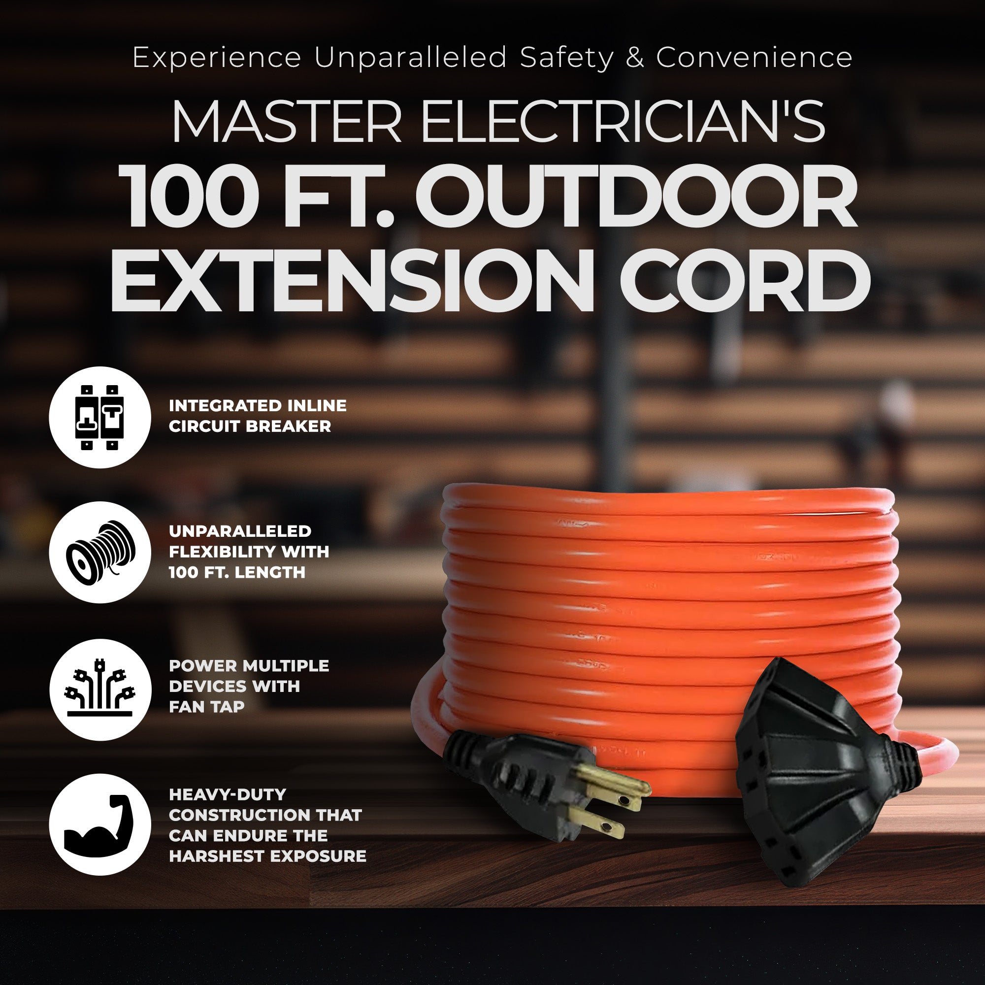 Master Electrician 100 Feet Outdoor Extension Cord with Inline Circuit Breaker - VMInnovations