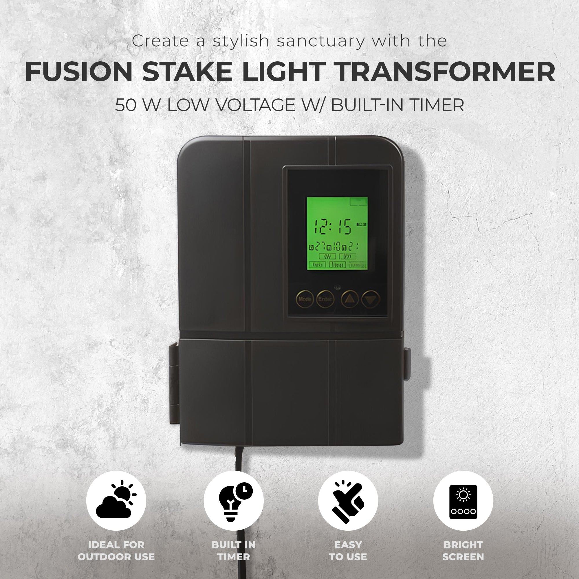 Fusion Low Voltage Outdoor LED Lighting Transformer w/Timer, 50W, Black (Used) - VMInnovations
