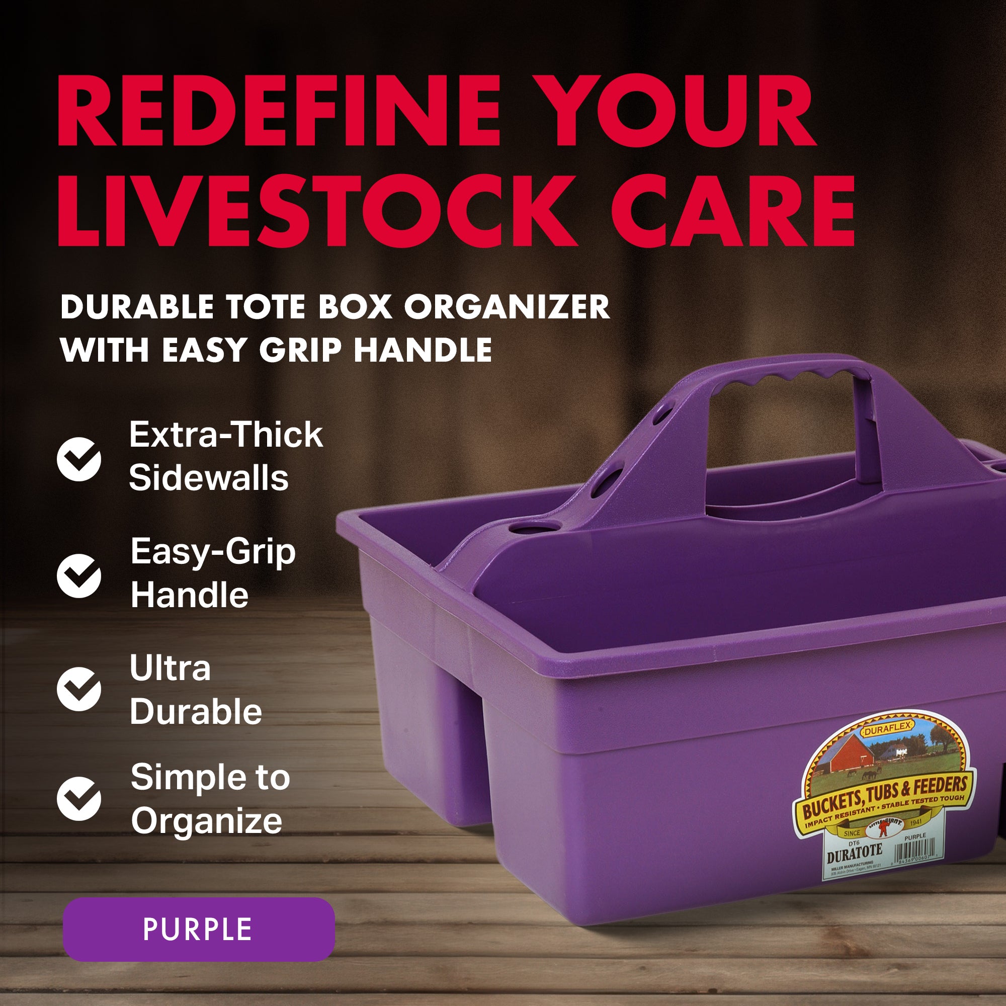 Little Giant DuraTote Plastic Box Organizer w/2 Compartments & Handle, Purple - VMInnovations