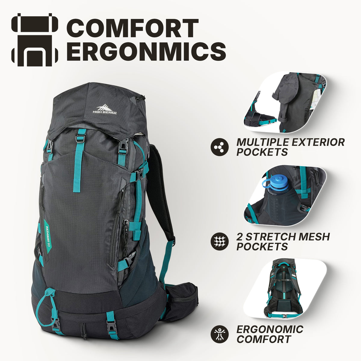 High Sierra 60L Pathway 2.0 Backpack w/ Hydration Storage for Hiking, Black