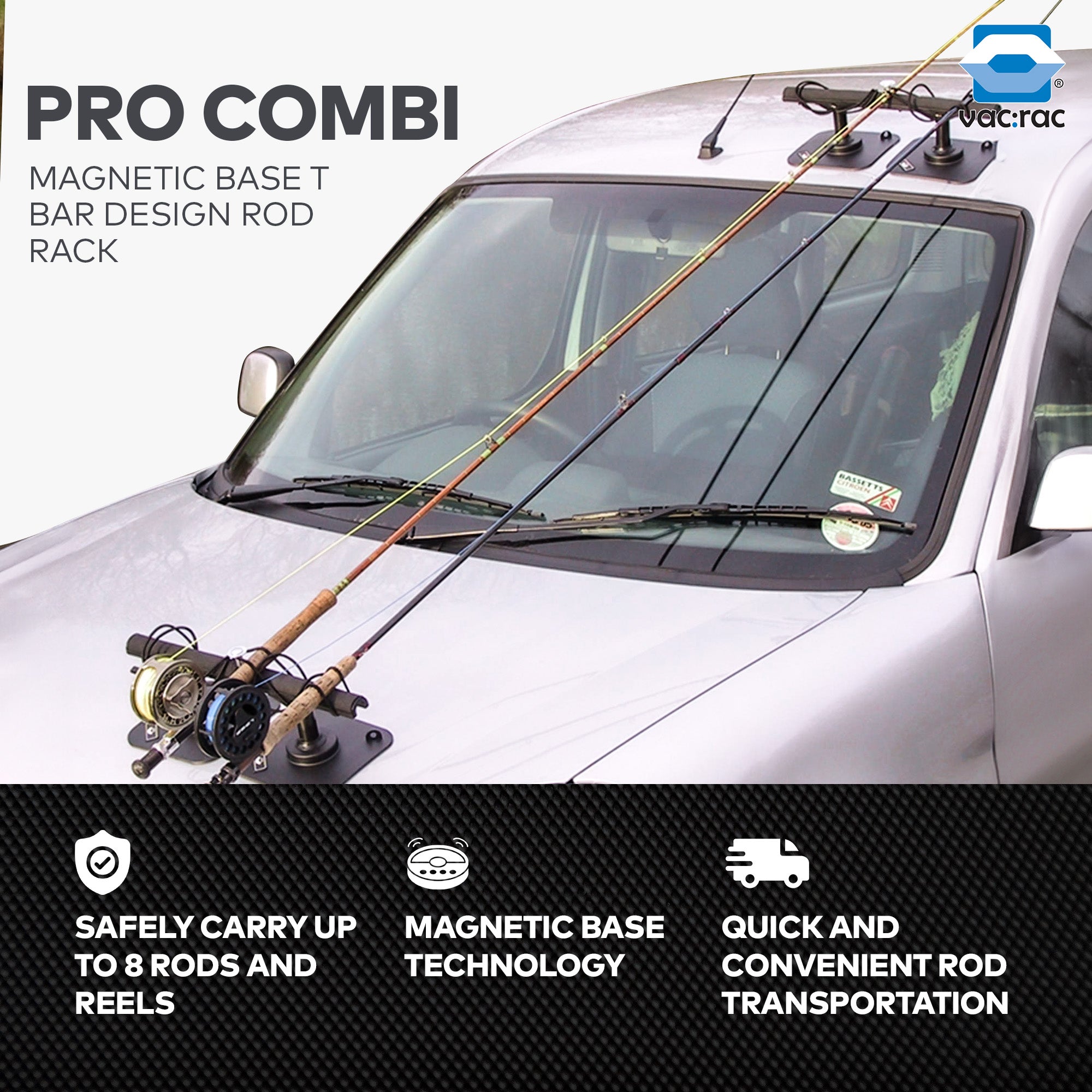 Vac Rac Pro Combi Magnetic Base T Bar Design Rod Rack Holds Up To 8 Rods, Black