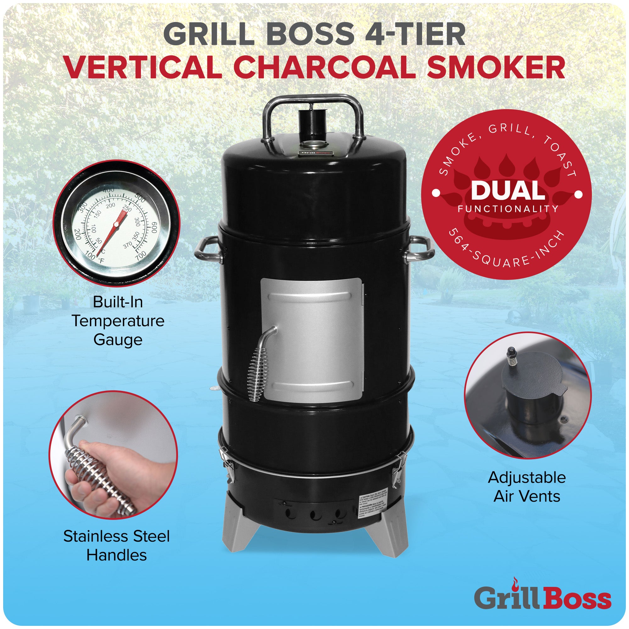 Grill Boss Charcoal Smoker, 4 Tier, 564 Sq In Cooking Area, Black (For Parts)