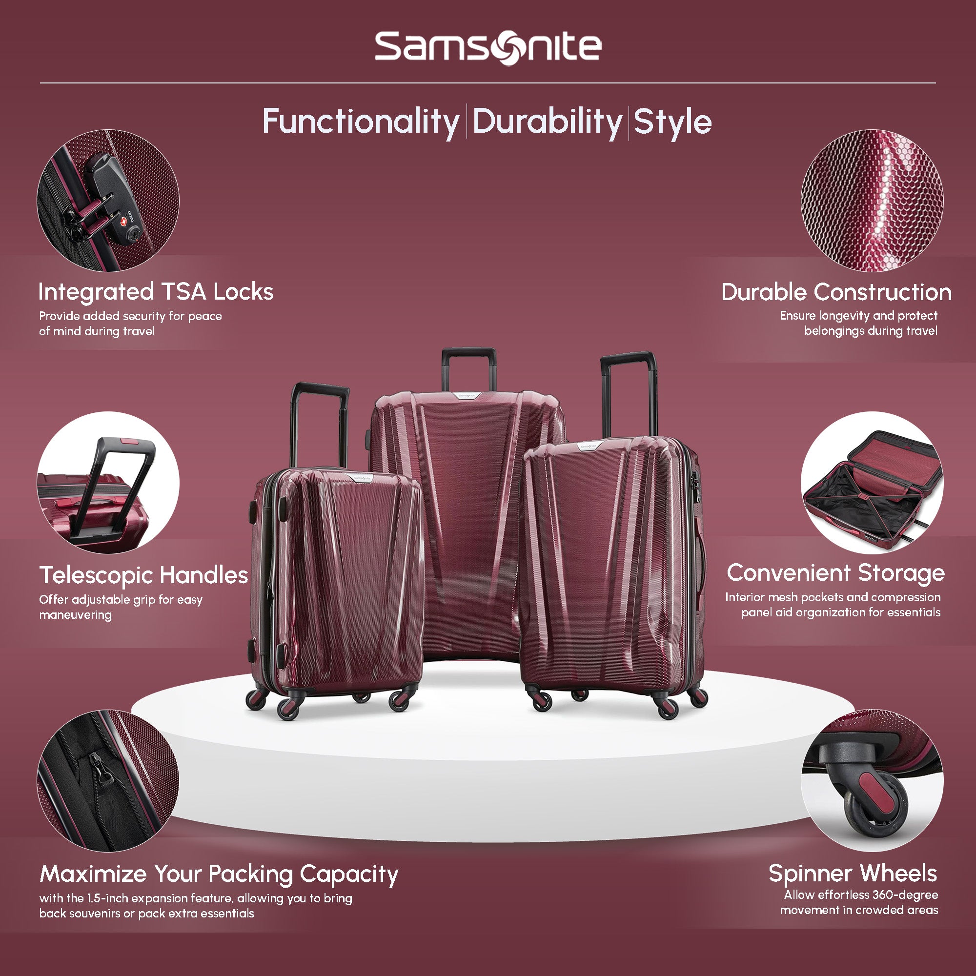 Samsonite DLX Spinner 3pc Carry-On, Medium & Large Luggage Set, Aubergine (Used) - VMInnovations