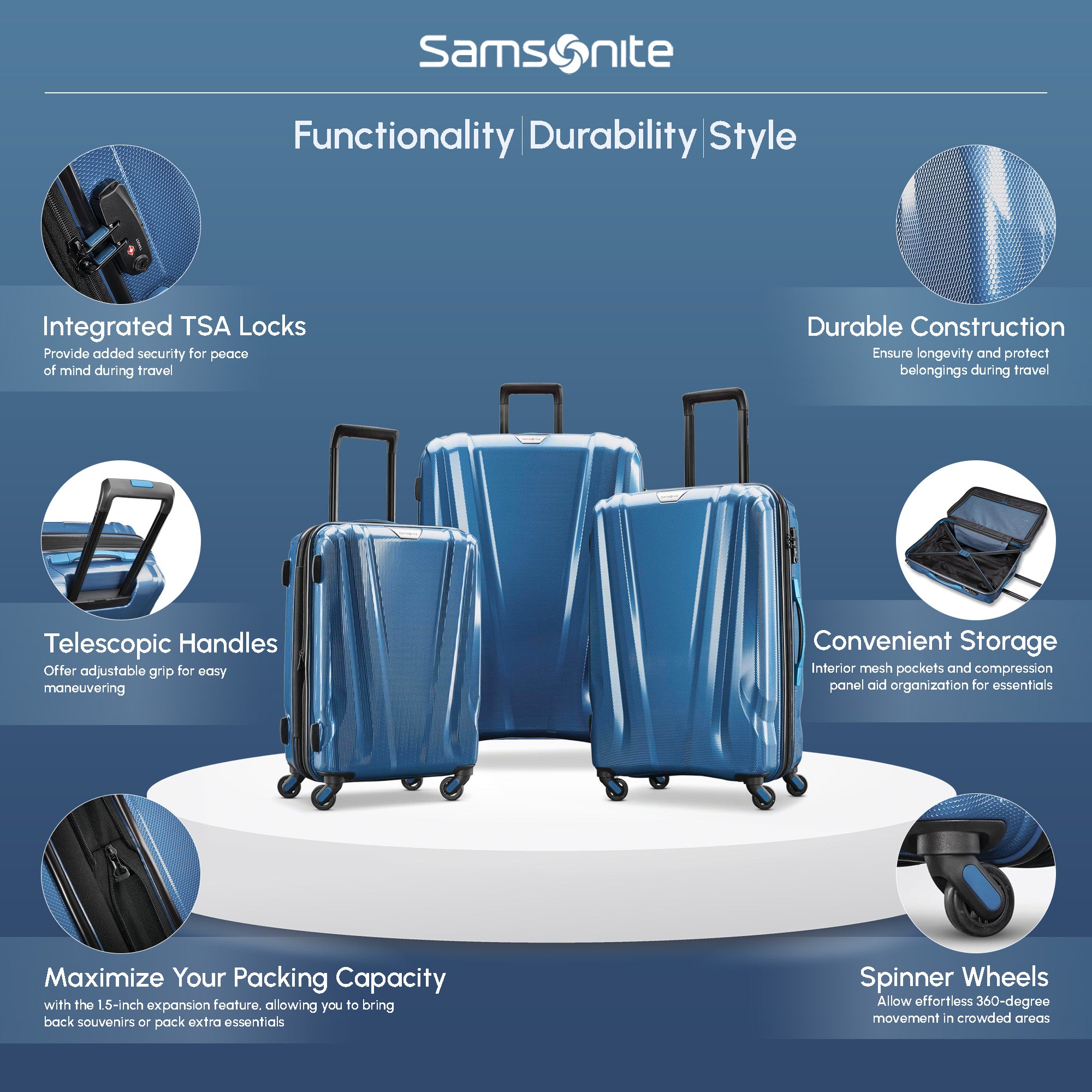 Samsonite DLX Spinner 3pc Carry-On, Medium & Large Luggage Set, Lagoon(Open Box) - VMInnovations