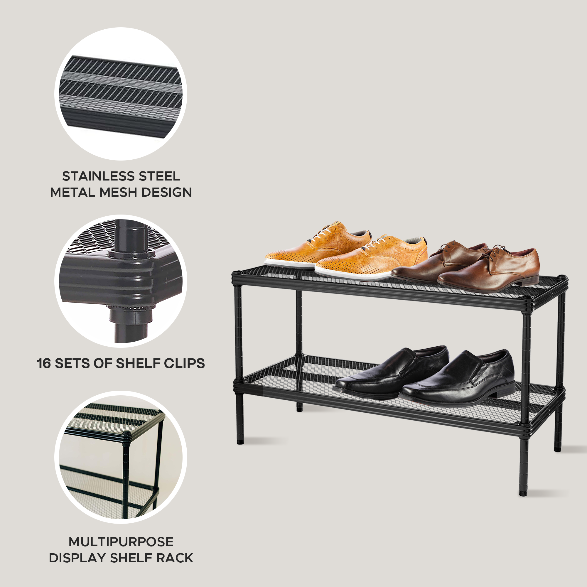 Design Ideas MeshWorks 2 Tier Full Size Metal Storage Shelving Unit Rack, Black - VMInnovations