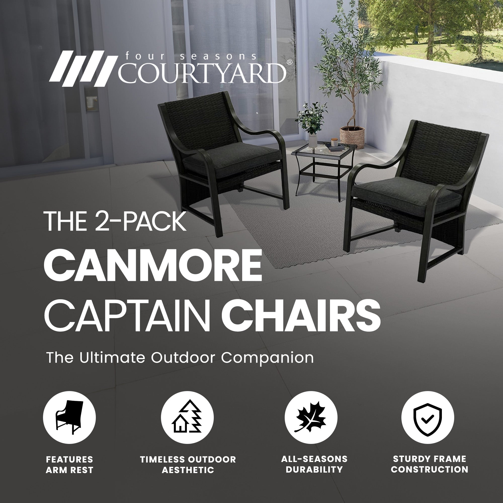 Four Seasons Courtyard Canmore Captain Patio Cushioned Arm Chair, 2 Pack (Used) - VMInnovations