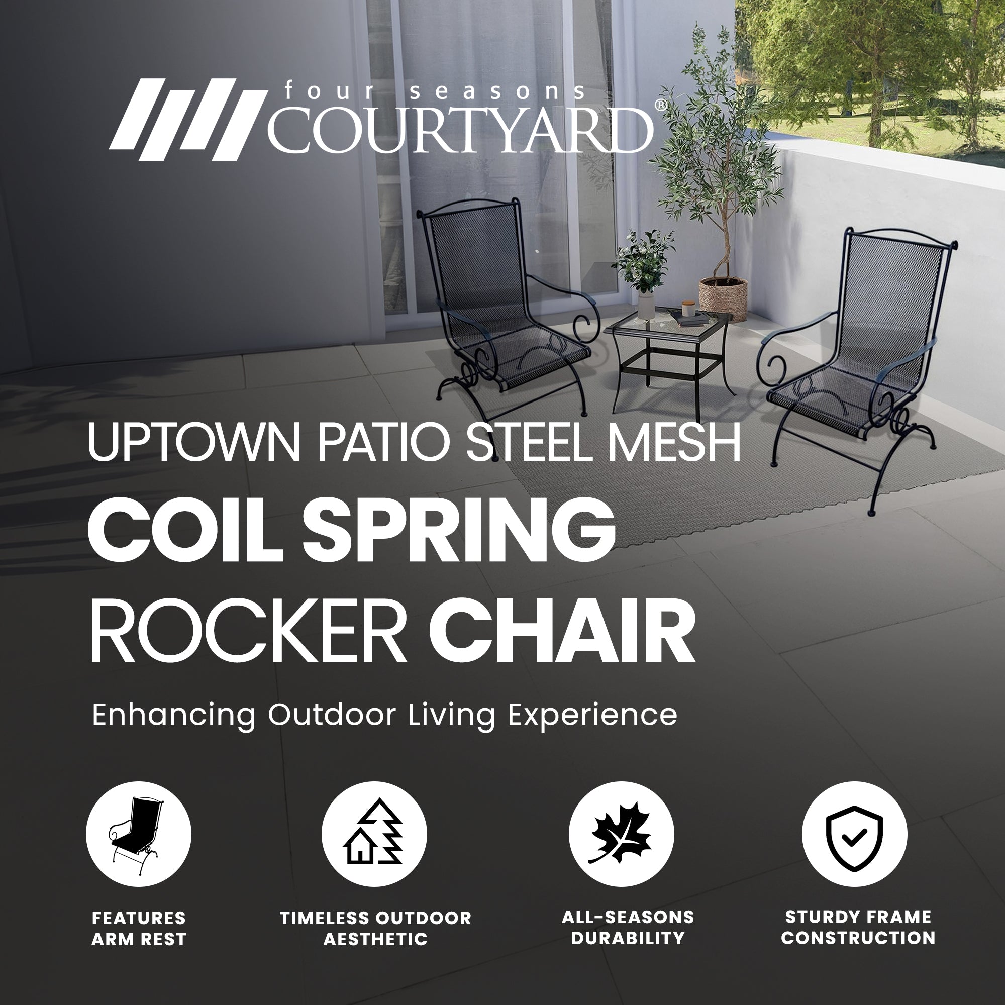 Four Seasons Courtyard Uptown Outdoor Patio Spring Rocker Chair, Black, 2 Pack