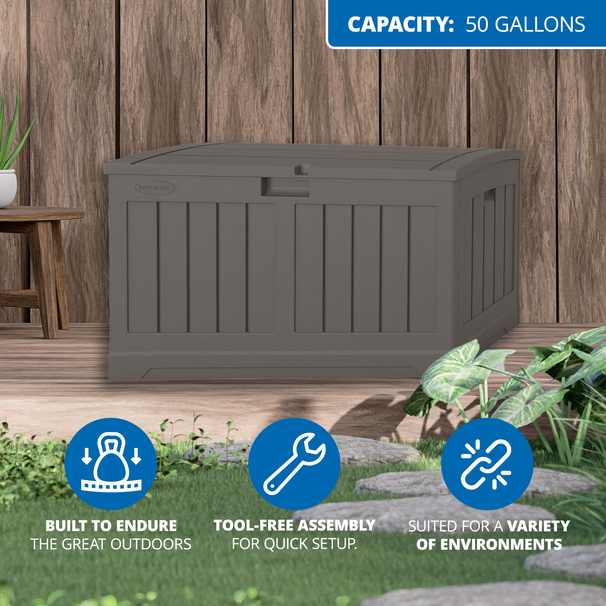 Suncast 50 Gallon Plastic Deck Box with Molded Lockable Feature for Home, Gray - VMInnovations