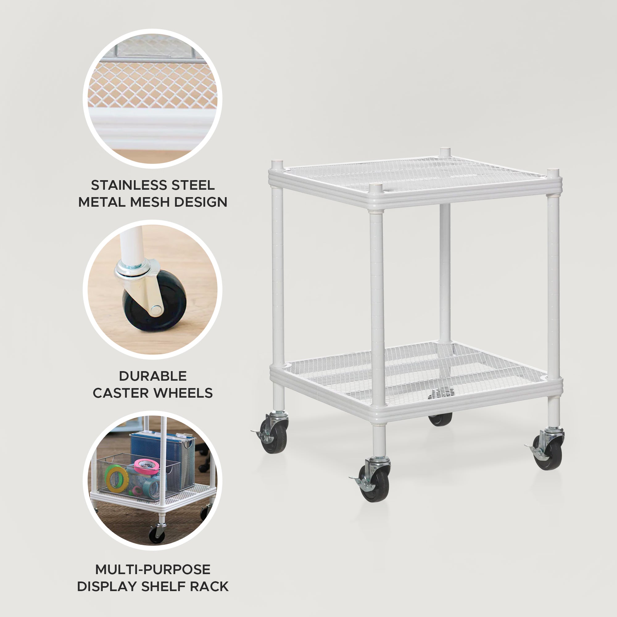 Design Ideas MeshWorks 2 Tier Wheeled Storage Shelving Unit, White (For Parts) - VMInnovations