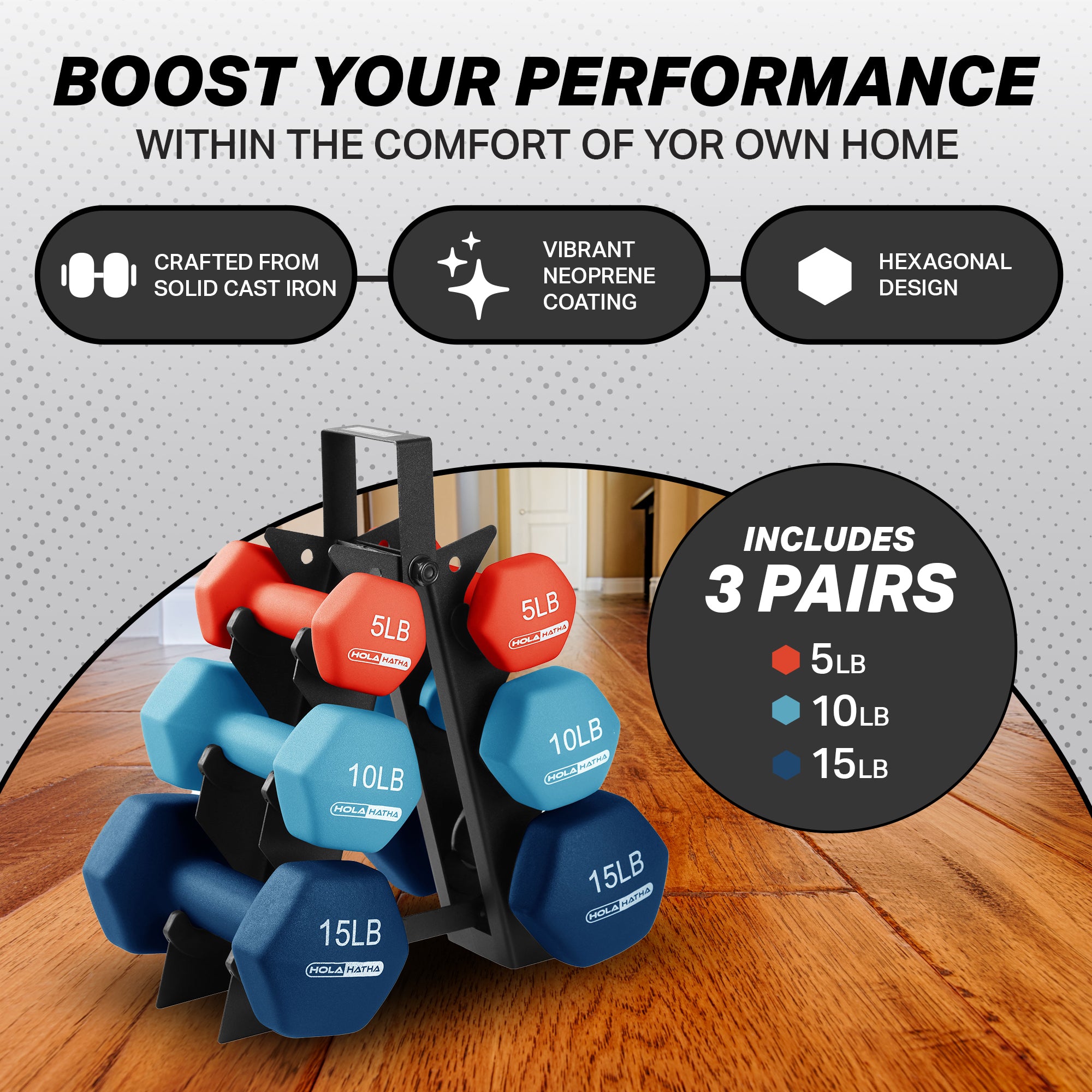 HolaHatha 5, 10, & 15Lb Neoprene Dumbbell Weight Set with Storage Rack(Open Box)