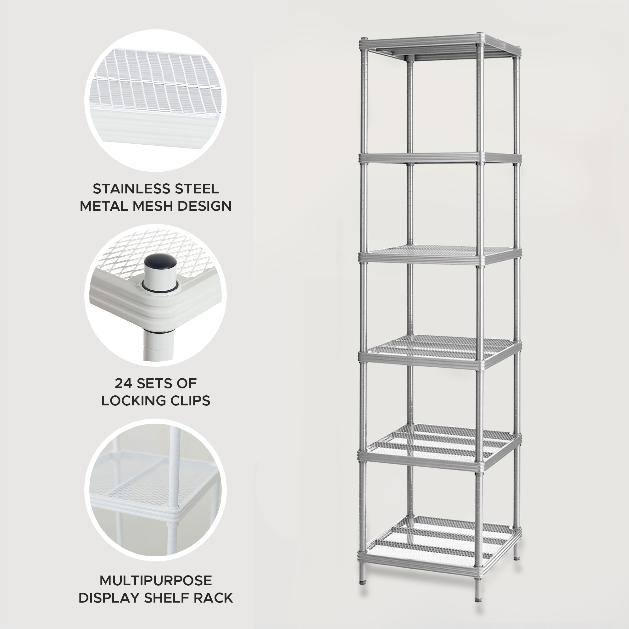 Design Ideas MeshWorks 6 Tier Tower Metal Storage Shelving Unit Rack, Silver - VMInnovations