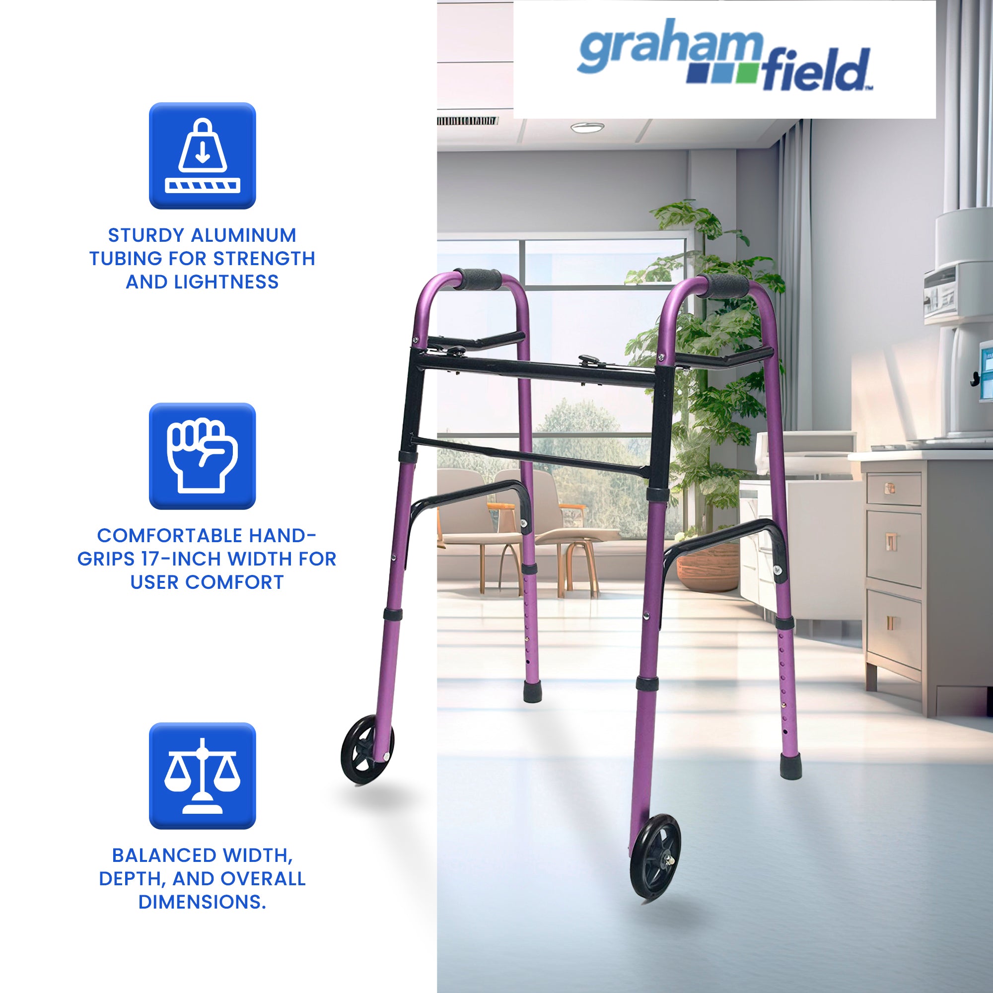 Lumex Everyday Adult Walker Walking Aid with 5" Front Wheels & Glide Tips, Plum - VMInnovations