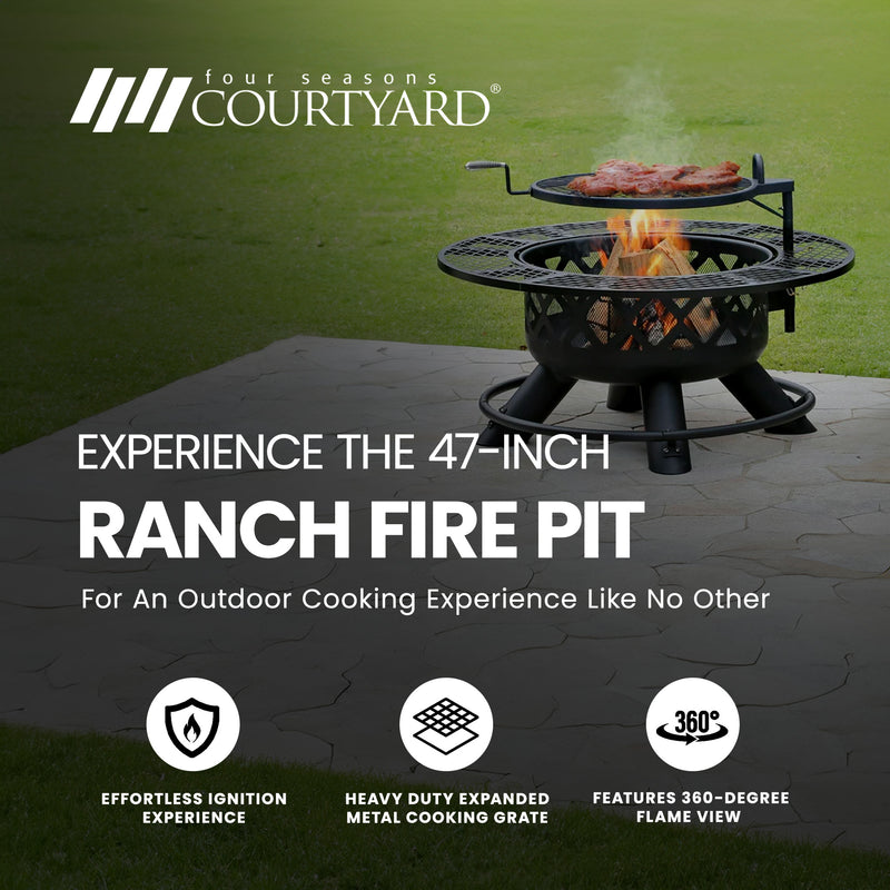 Four Seasons Courtyard 47 Inch Ranch Deep Bowl Fire Pit w/Grill & Safety Ring
