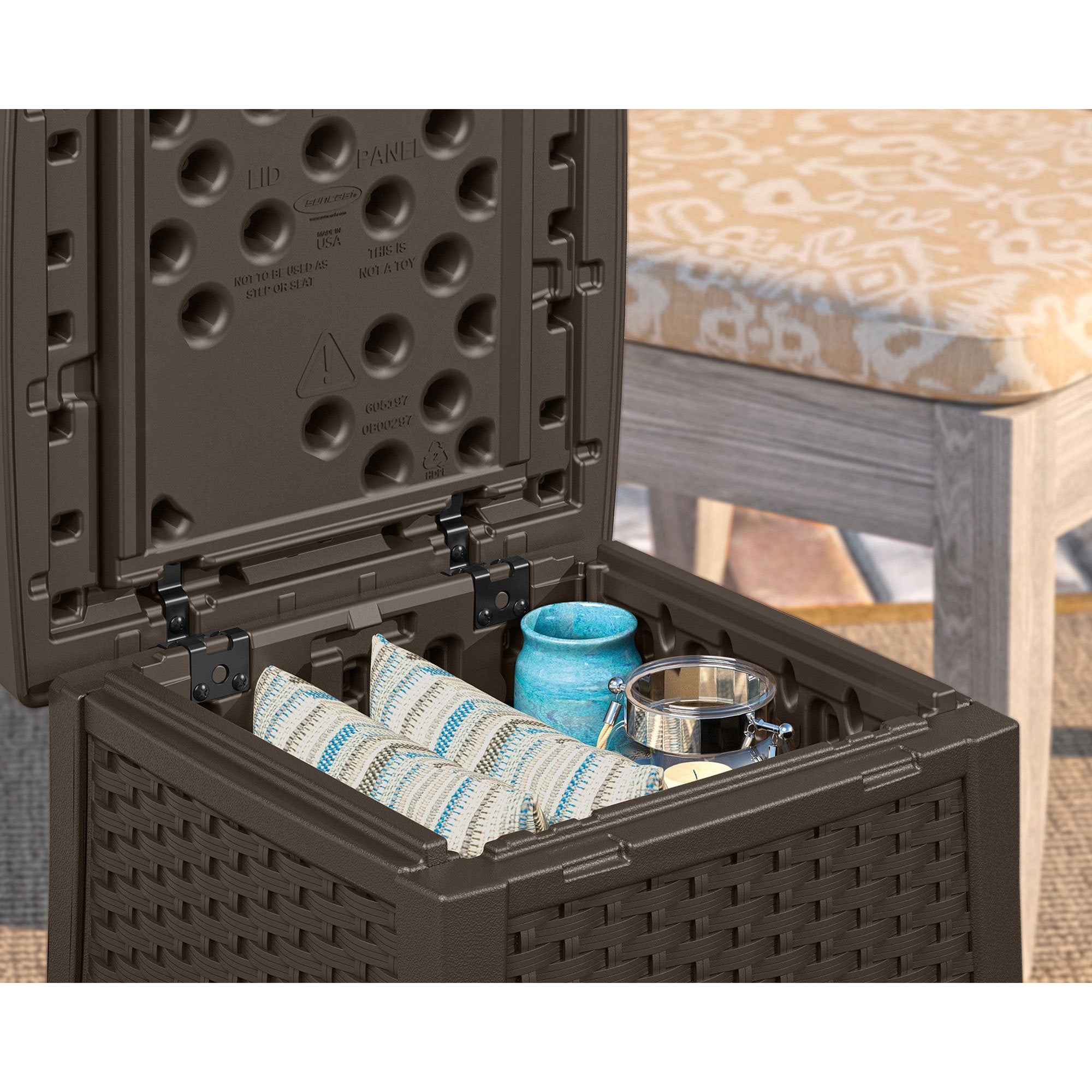 Suncast 13-Gallon Patio End Table w/ Storage w/ Suncast Loveseat w/ Storage