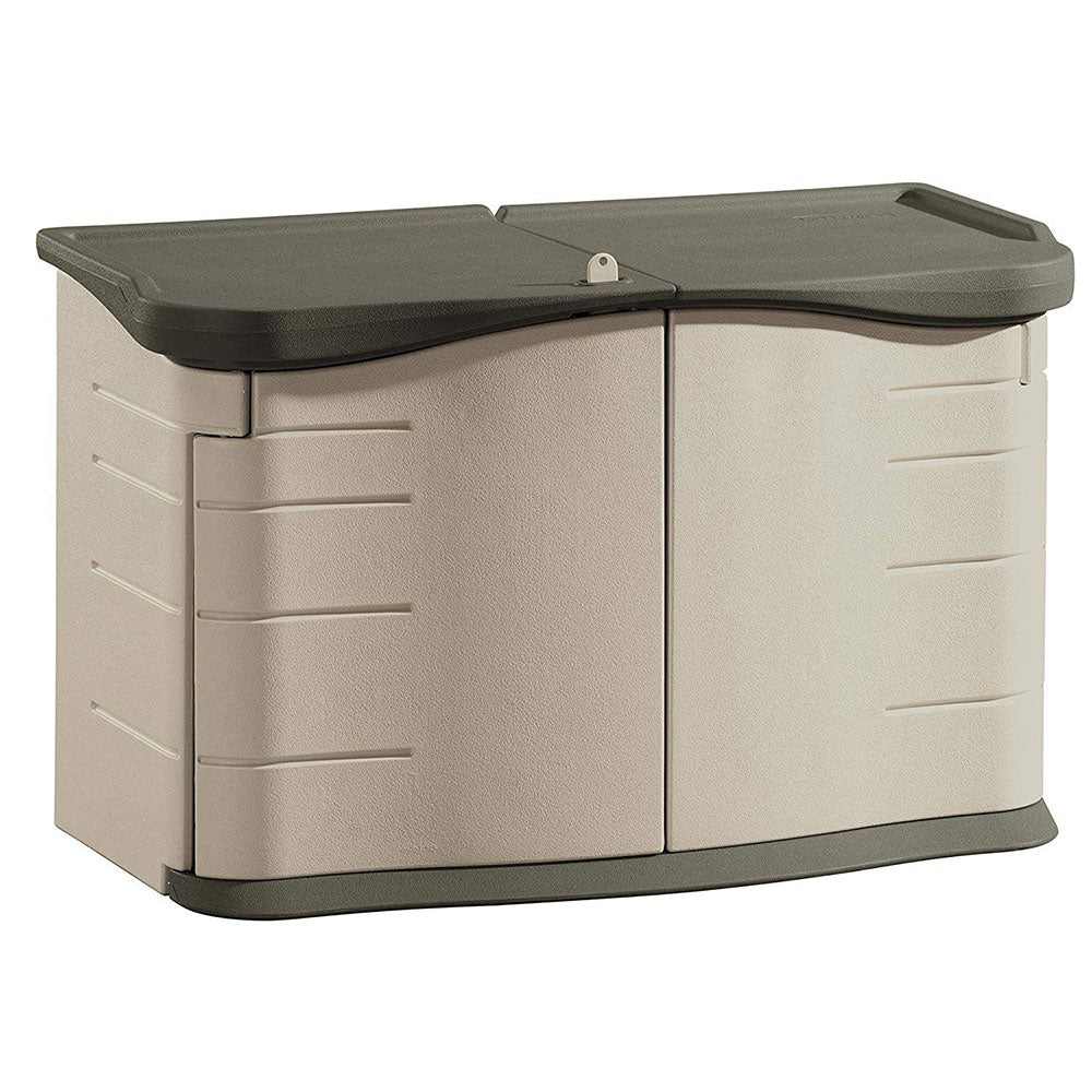 Rubbermaid Portable Outdoor Split Lid Shed w/ Impact-Resistant Floor, Sandstone