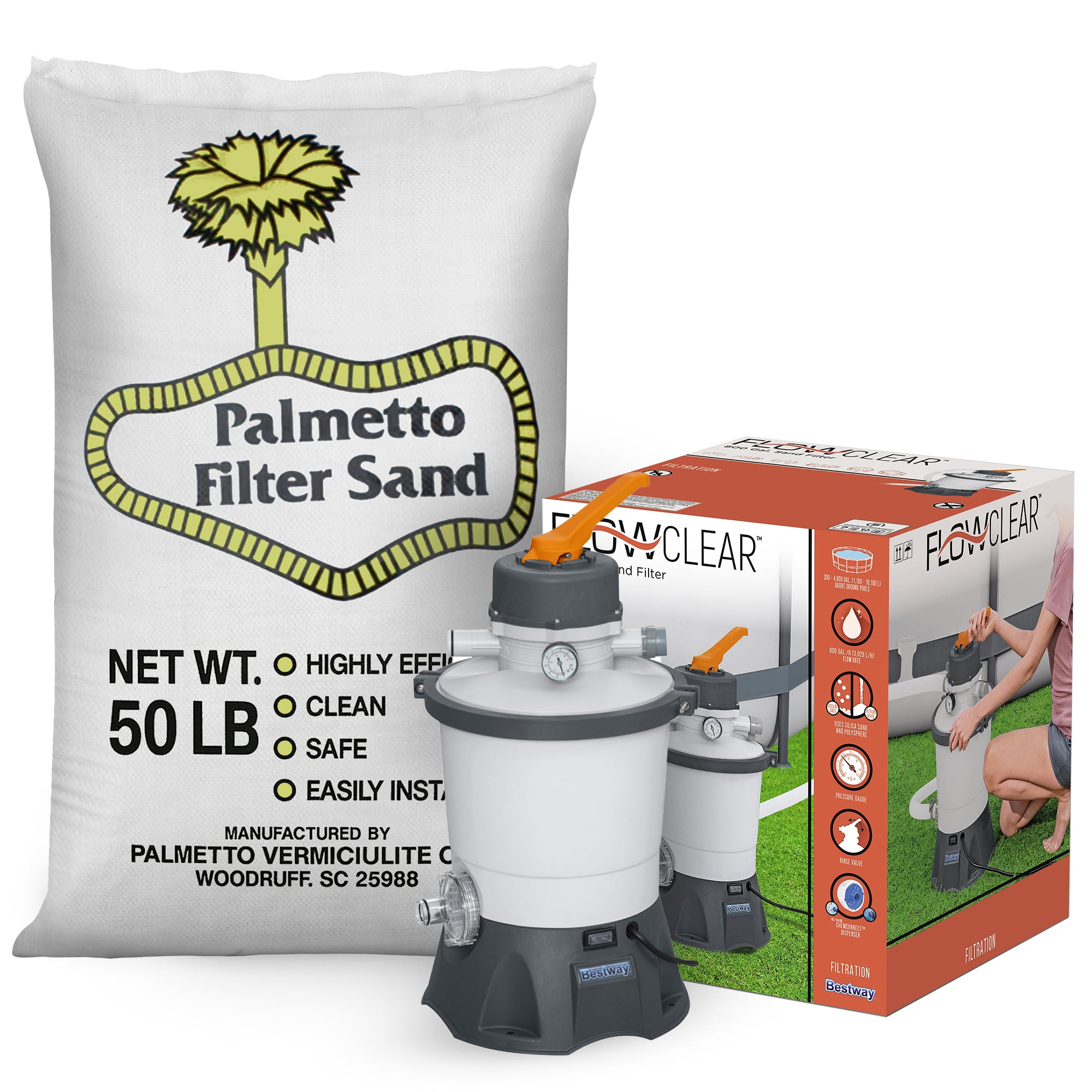 Palmetto Filter Sand, 50 Pound & Bestway Flowclear 800 gal Sand Filter Pool Pump - VMInnovations
