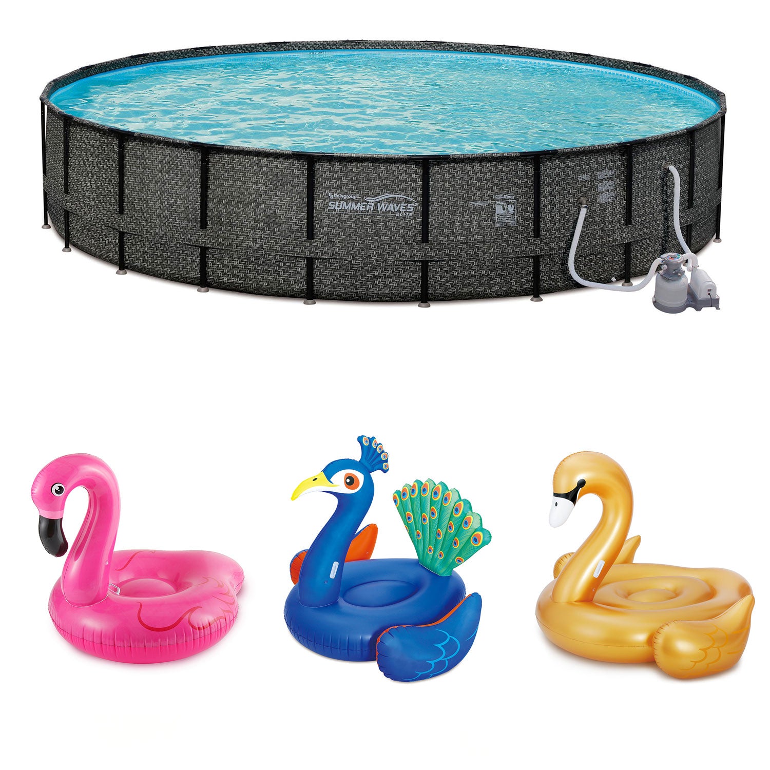 Summer Waves 24ft x 52in Frame Pool Set + Pink Flamingo, Peacock and Swan Floats
