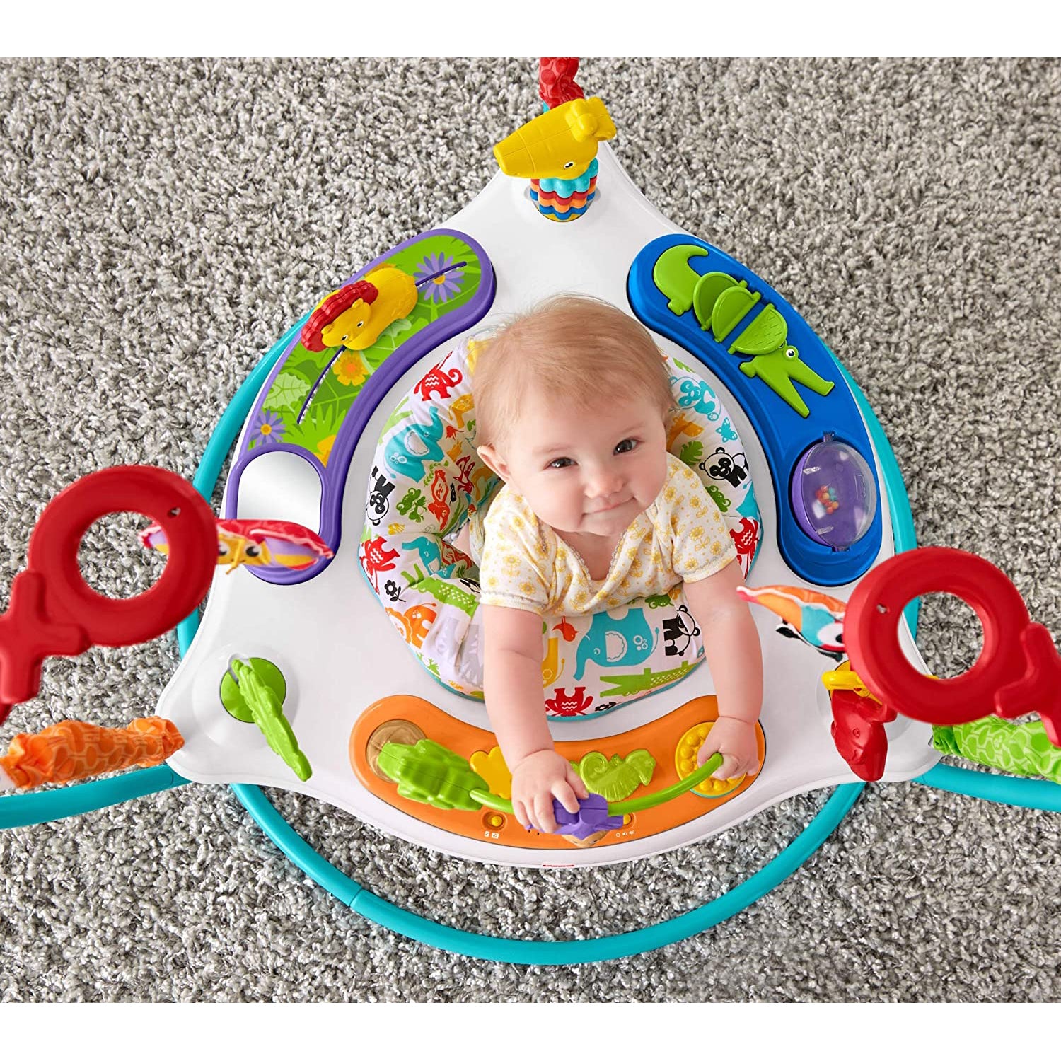 Fisher-Price Colorful Light Up Comfy Animal Activity Baby Bouncer Toy (Open Box) - VMInnovations