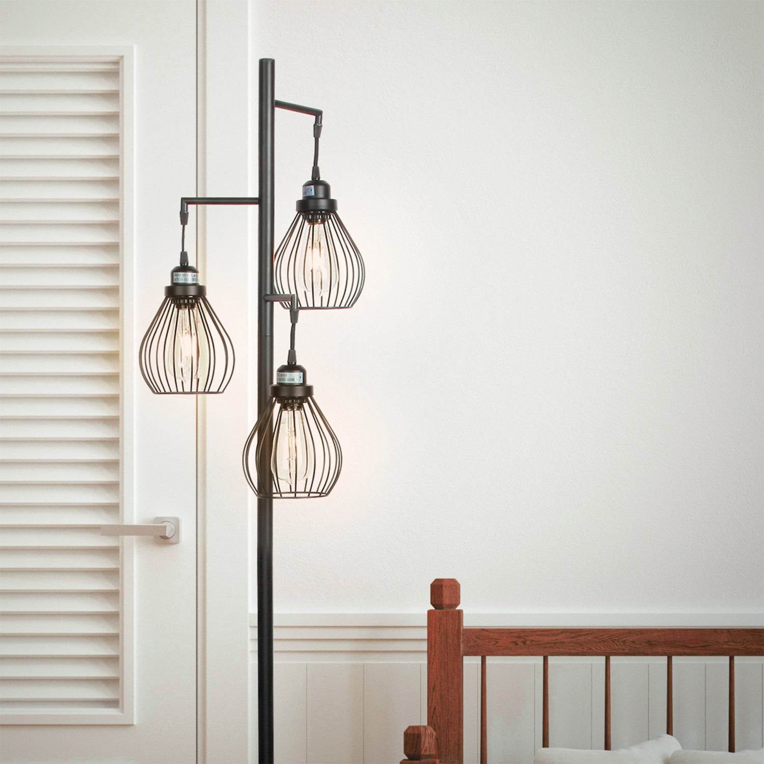 Brightech Teardrop Standing Floor LED Light Lamp Pole with 3 Cage Heads, Black - VMInnovations