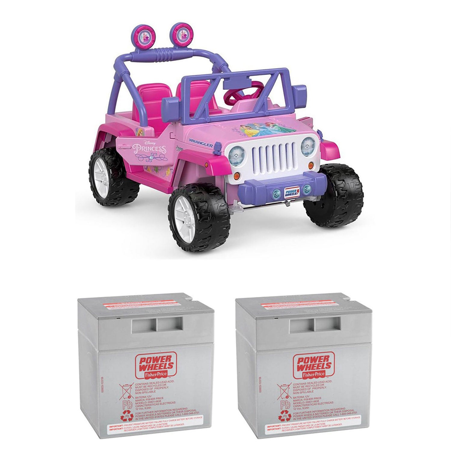 Power Wheels 12 Volt Disney Princess Jeep Ride-On + Replacement Battery (2 Pack) - VMInnovations