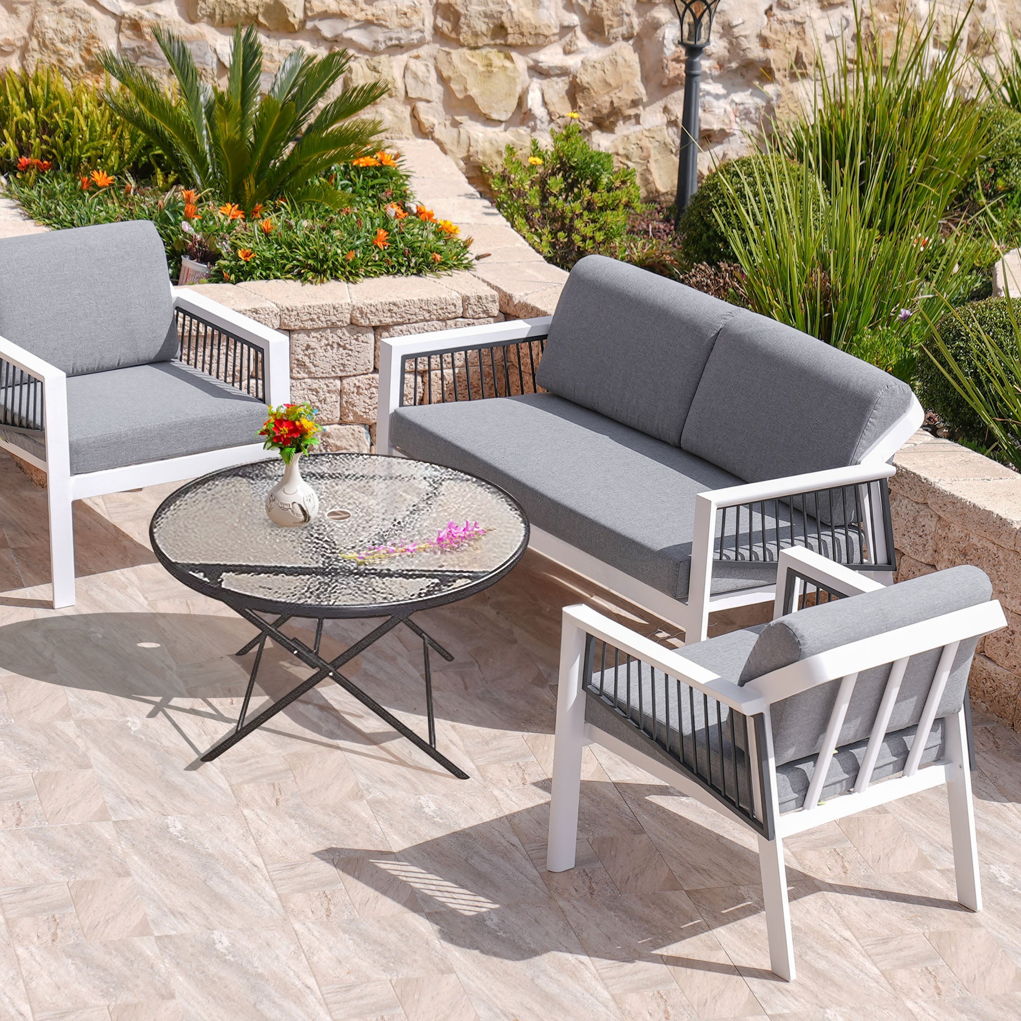 Four Seasons Courtyard Glass Top Dining Table with Umbrella Hole, Black (Used) - VMInnovations