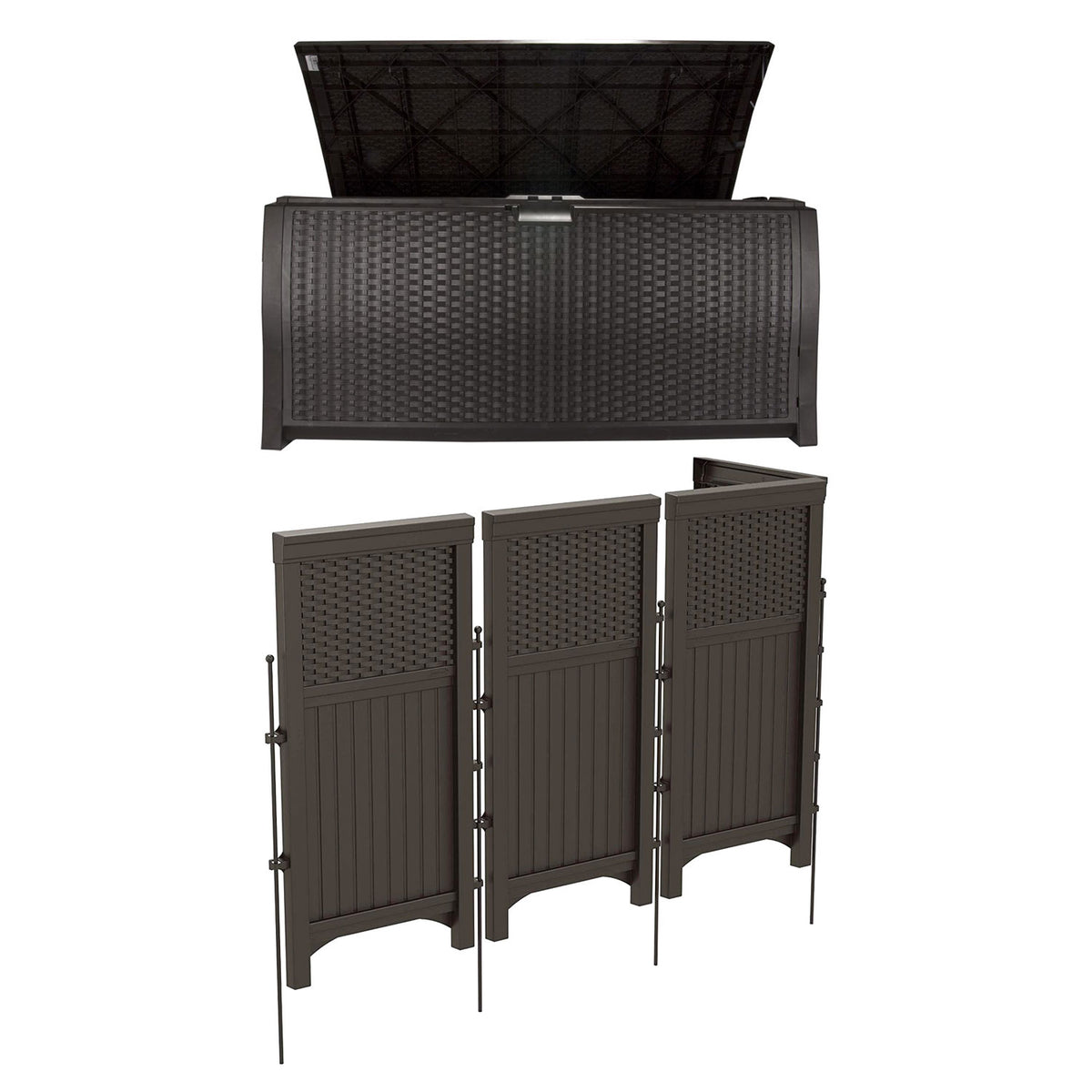 Suncast Backyard Patio Screen Gate w/ Backyard Patio Wicker Resin Storage Box - VMInnovations