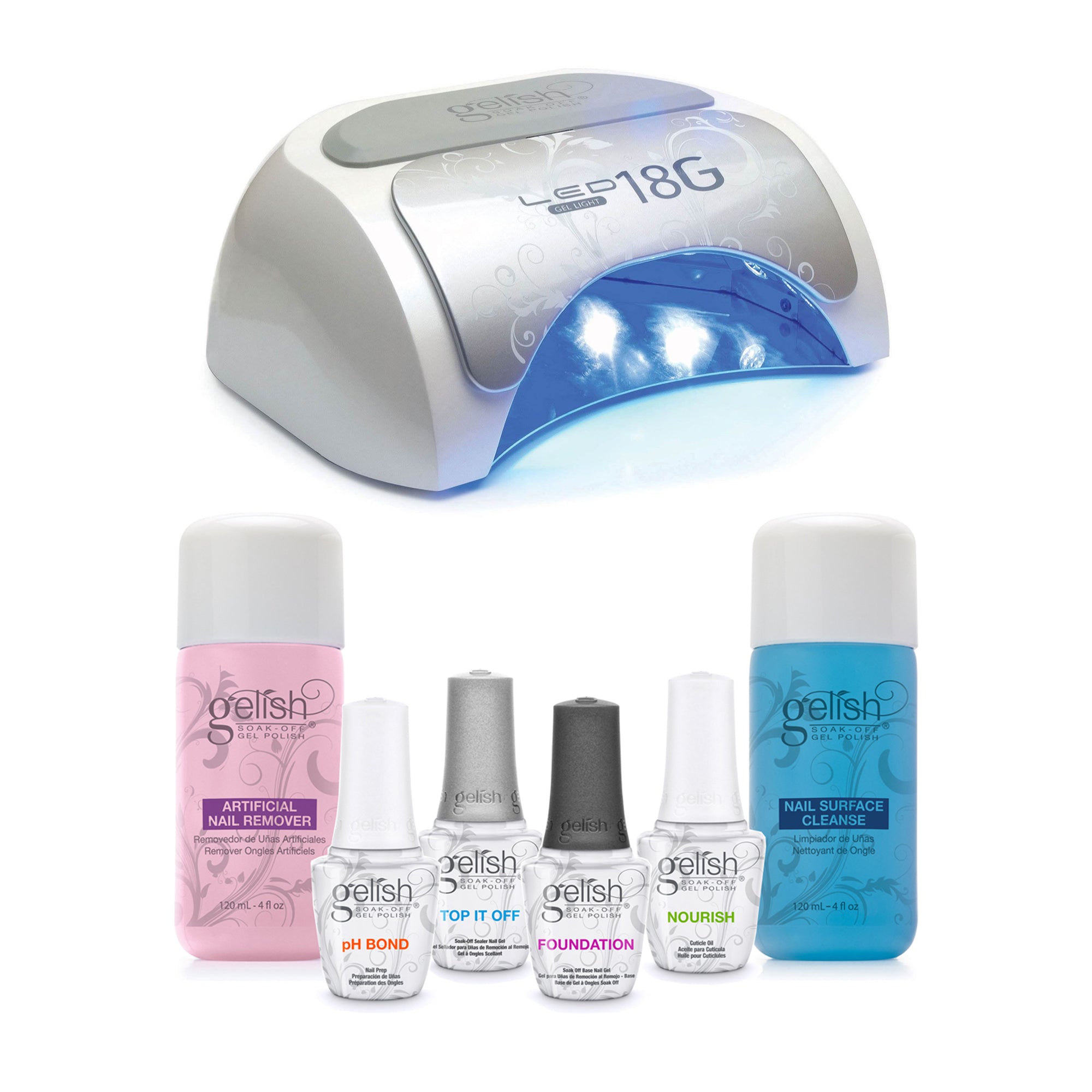 Gelish 18G Gel LED Nail Polish Curing Light + Full Size Basix Gel Nail Prep Kit