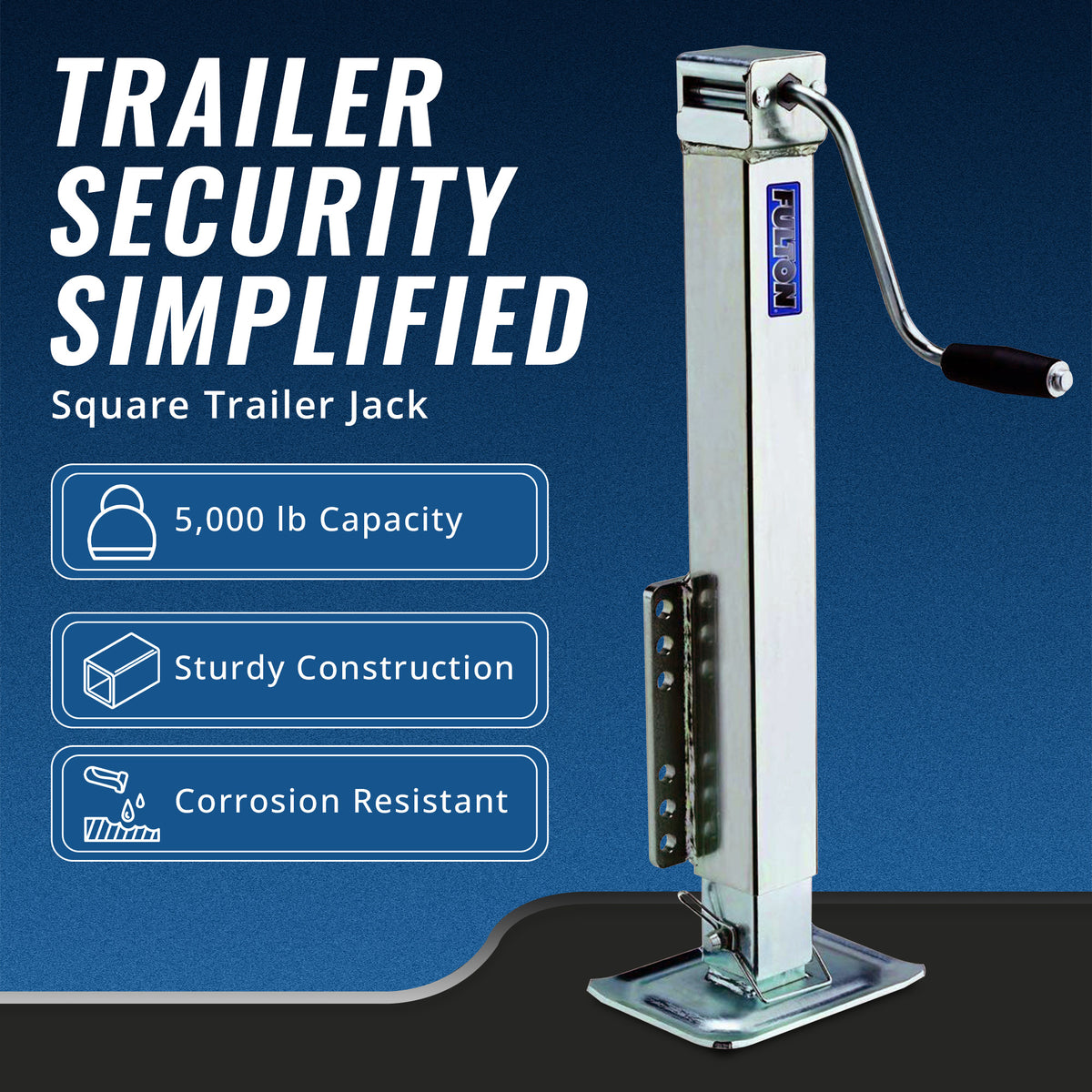 Fulton Bolt On 5000 Lb Square Tube & Fixed Mount Trailer Tongue Jack w/ Drop Leg - VMInnovations