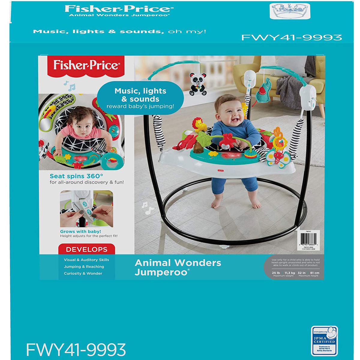 Fisher-Price FWY41 Animal Wonders Jumperoo with 360-Degree Spin Capacity, Teal