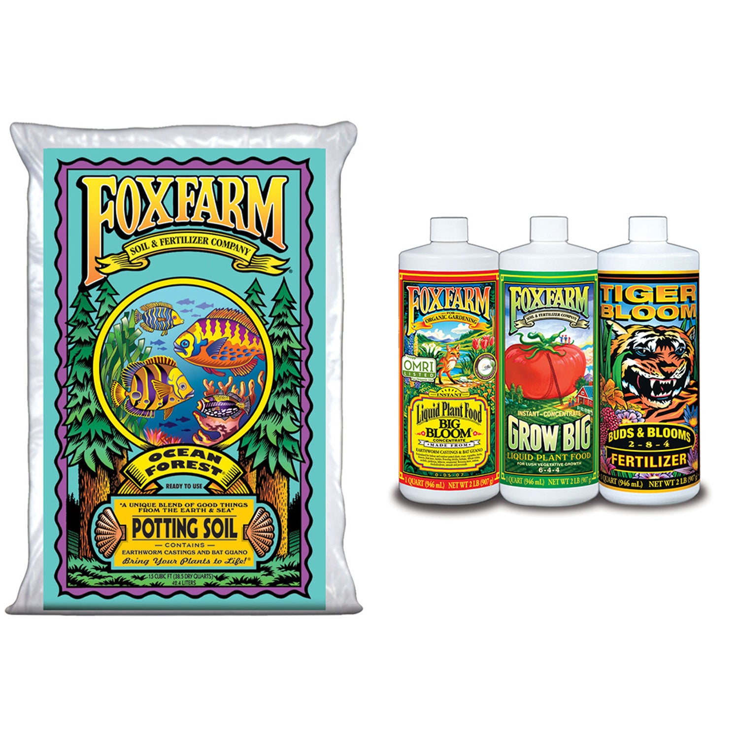 FoxFarm Ocean Forest Plant Garden Potting Soil + Hydro Nutrient Trio Fertilizer