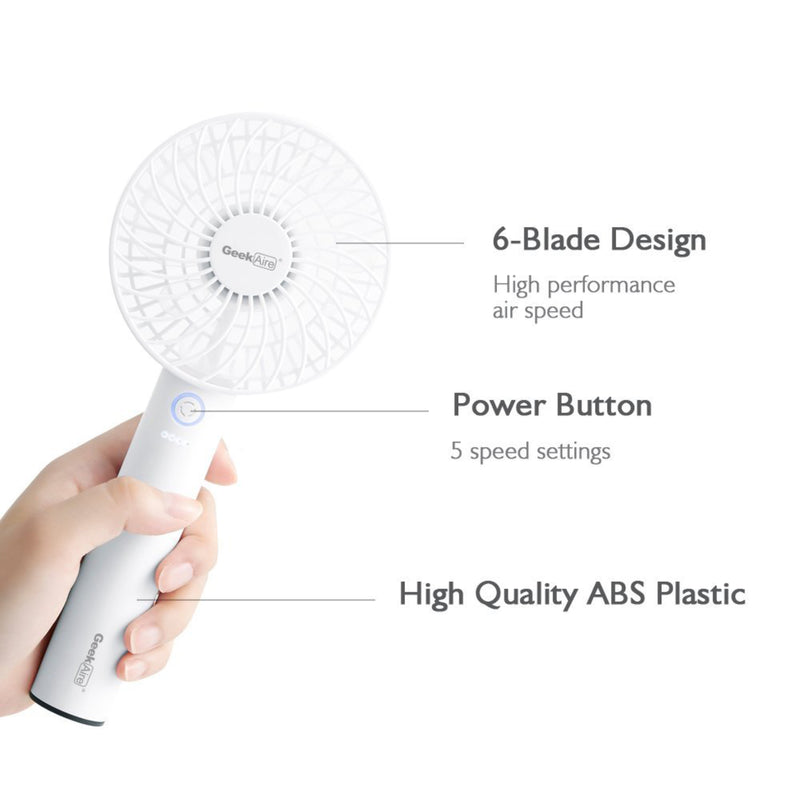 Geek Aire Mini 4 In Cordless Personal Handheld Fan w/ Power Bank Feature, White