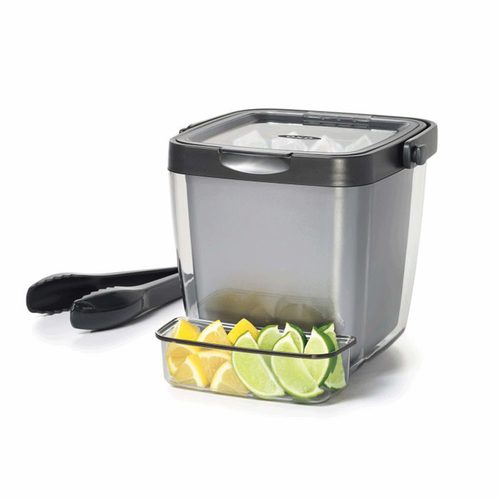 OXO Good Grips 3 Piece Plastic Insulated Ice Bucket Bin w/ Clear Lid & Tong Set