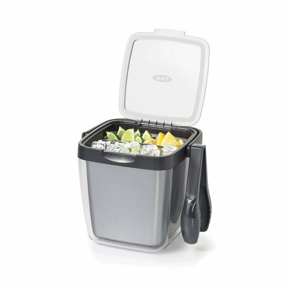 OXO Good Grips 3 Piece Plastic Insulated Ice Bucket Bin w/ Clear Lid & Tong Set