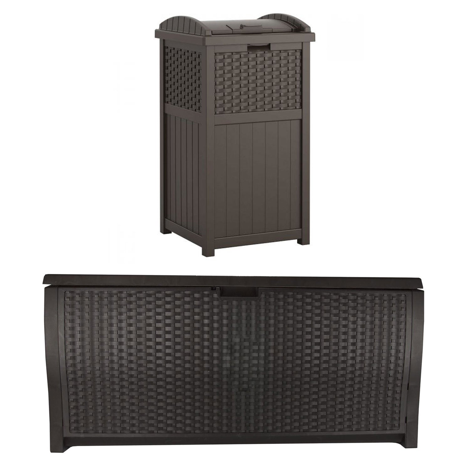 Suncast Trash Hideaway Resin Wicker Style Garbage Bin & 99 Gallon Deck Box, Java - VMInnovations