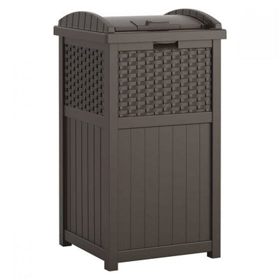 Suncast Trash Hideaway Resin Wicker Style Garbage Bin & 99 Gallon Deck Box, Java