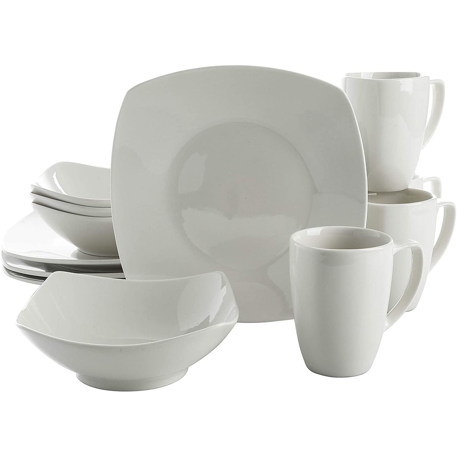 Gibson Zen 12 Piece Square Dinnerware Plate, Bowl, & Mug Set, White (Open Box) - VMInnovations