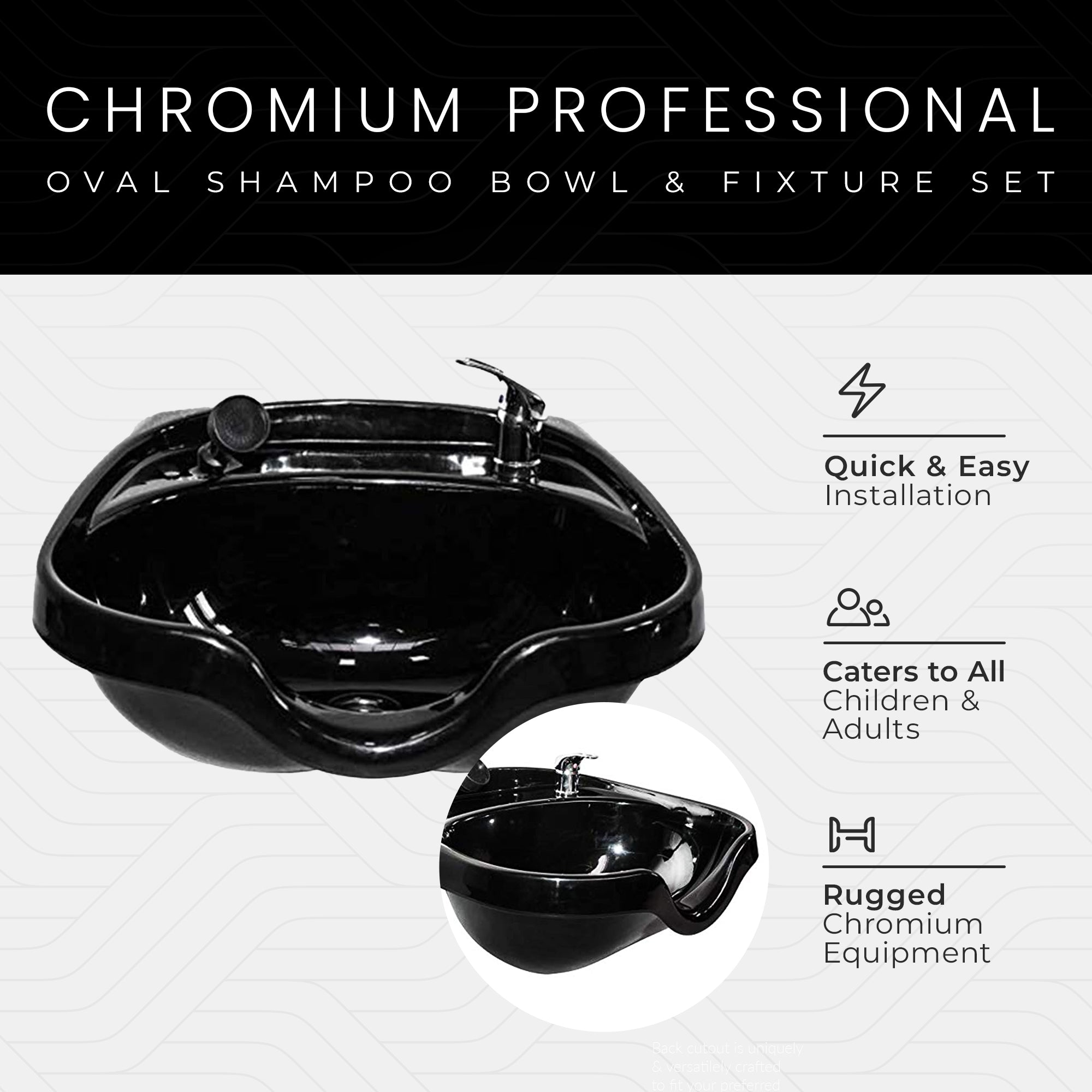 Chromium Oval Shampoo Bowl & Fixture Set with Check Valve, Black (Used) - VMInnovations