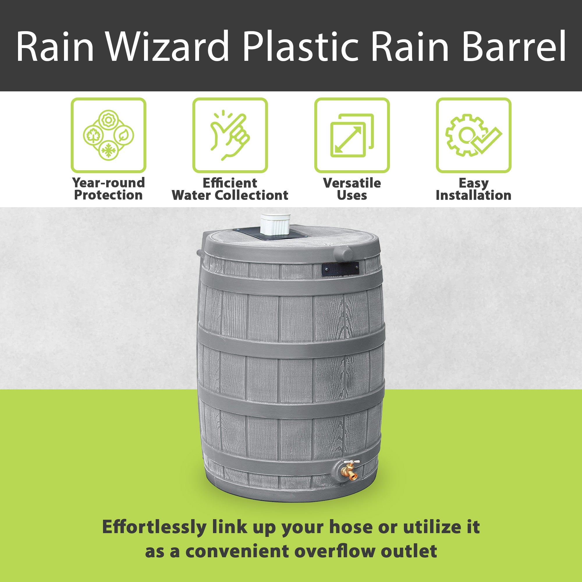 Good Ideas Rain Wizard 50 Gal Rain Barrel Collector, Gray & Diverter Flex Kit