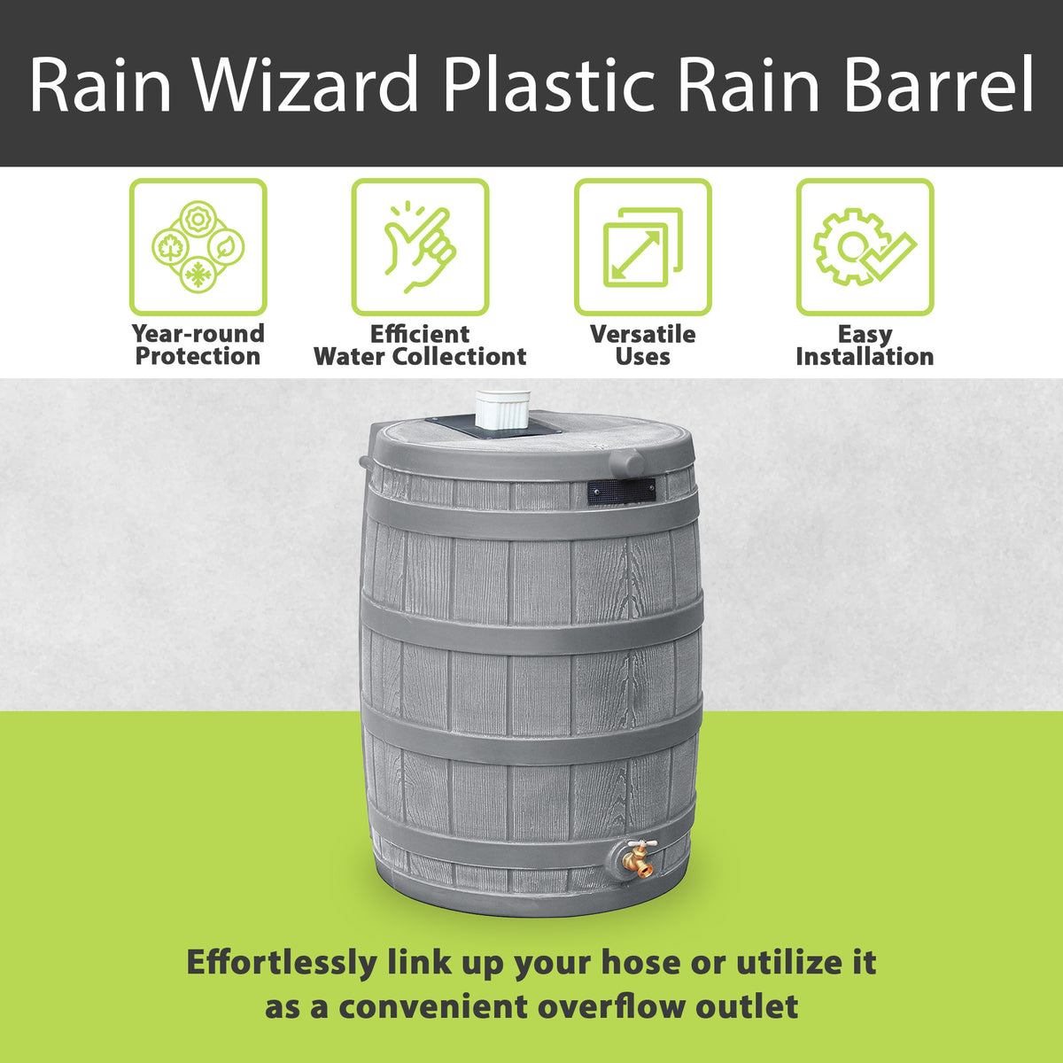Good Ideas Rain Wizard 50 Gal Rain Barrel Collector, Gray & Diverter Flex Kit