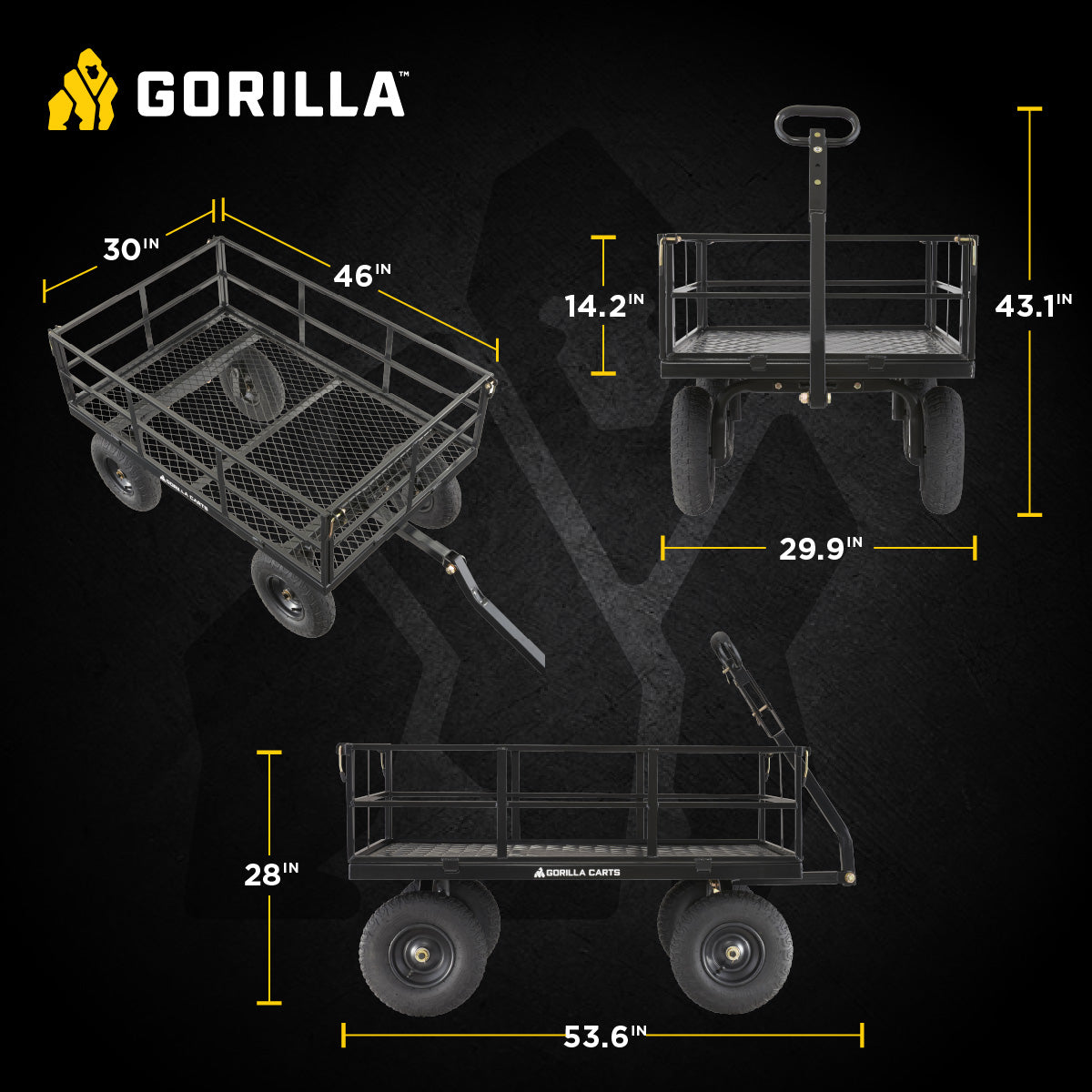 Gorilla Carts Steel Utility Cart, 9 Cubic Feet Garden Wagon with Removable Sides - VMInnovations