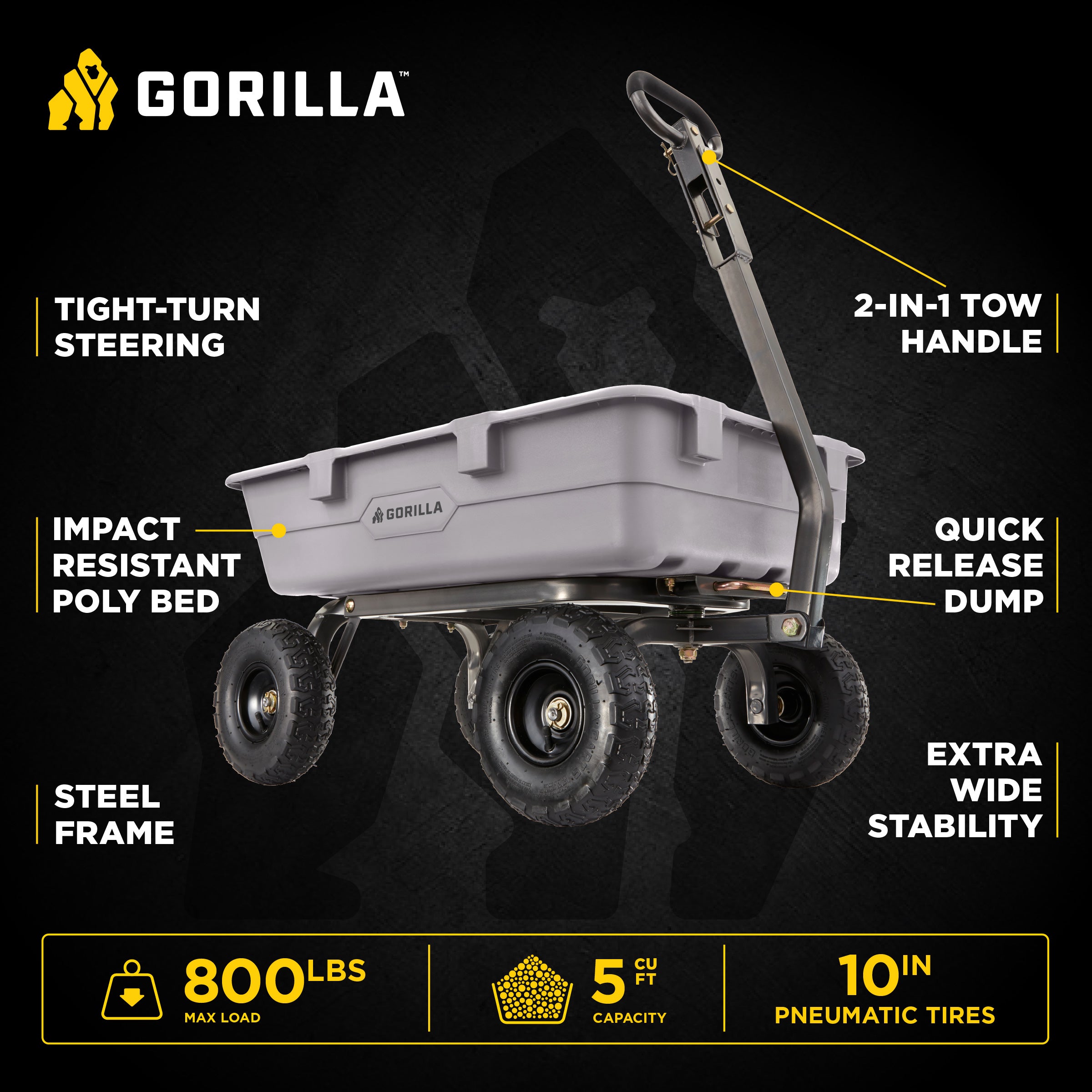 Gorilla Carts 800 Pound Capacity Heavy Duty Poly Yard Dump Utility Cart, Gray