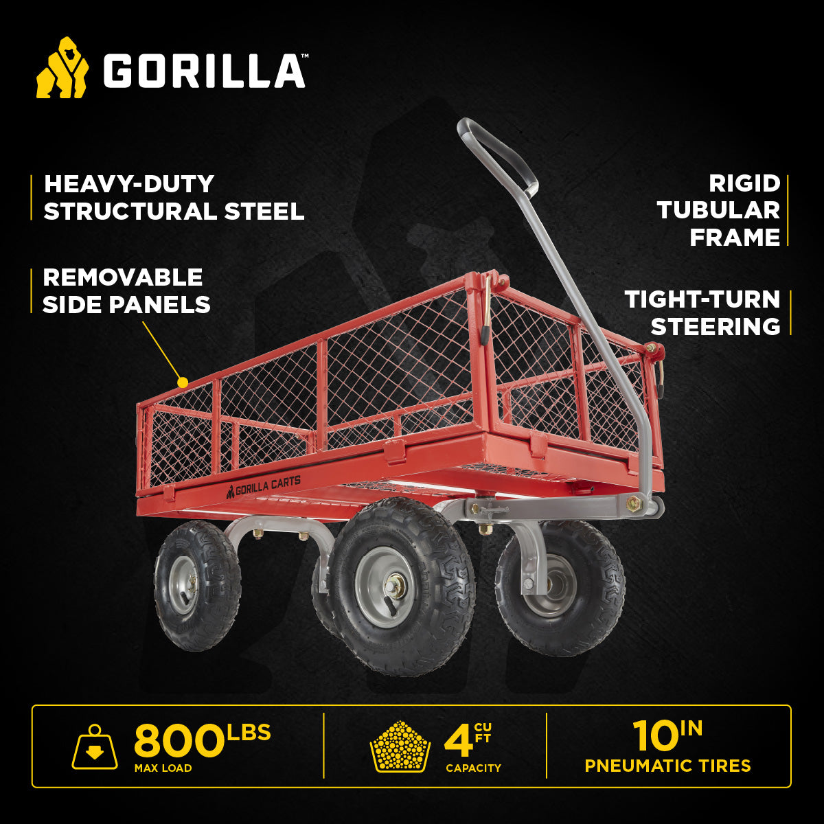 Gorilla Carts Steel Utility Cart Garden Beach Wagon, 800 Pound Capacity, Black