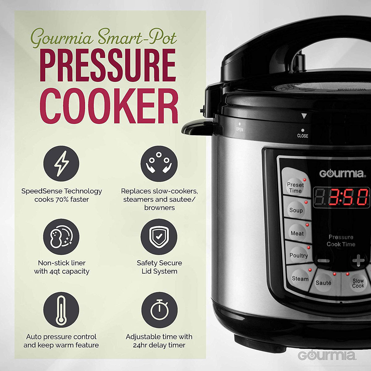 Gourmia Smart Pot 4 Quart Multimode 13 Program Pressure Cooker, (Open Box)