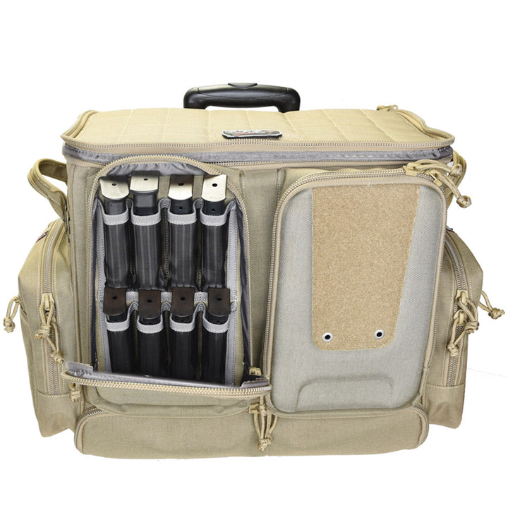 GPS Tactical Rolling Range Case Bag For Shooting Gear, 10 Handguns, & Ammo, Tan - VMInnovations
