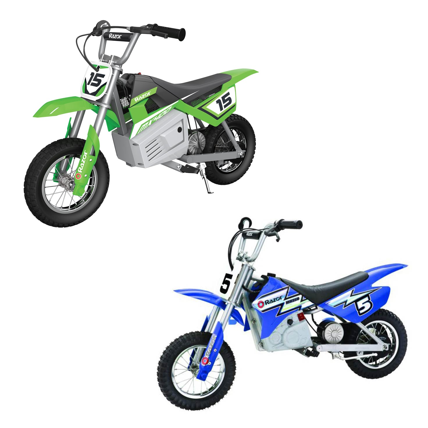 Razor MX350 & MX400 Dirt Rocket Kids Electric Motorcycle Bikes, 1 Green & 1 Blue