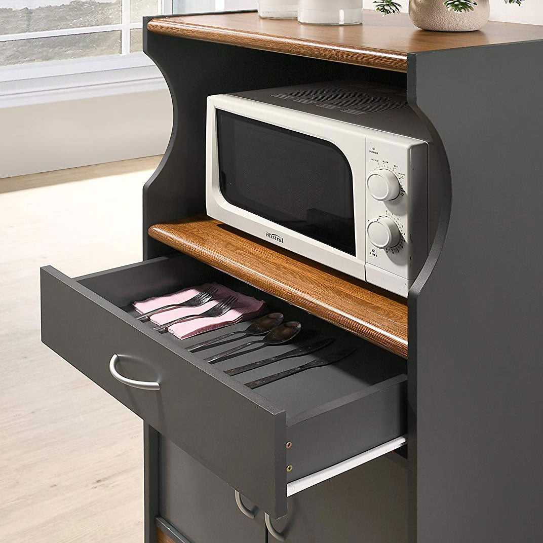 Hodedah Wheeled Microwave Island Cart with Drawer and Cabinet Storage, Grey/Oak