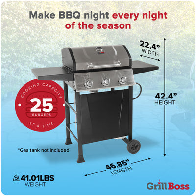 Grill Boss GBC1932M 3 Burner Gas Grill with Top Cover and Side Shelves, Black